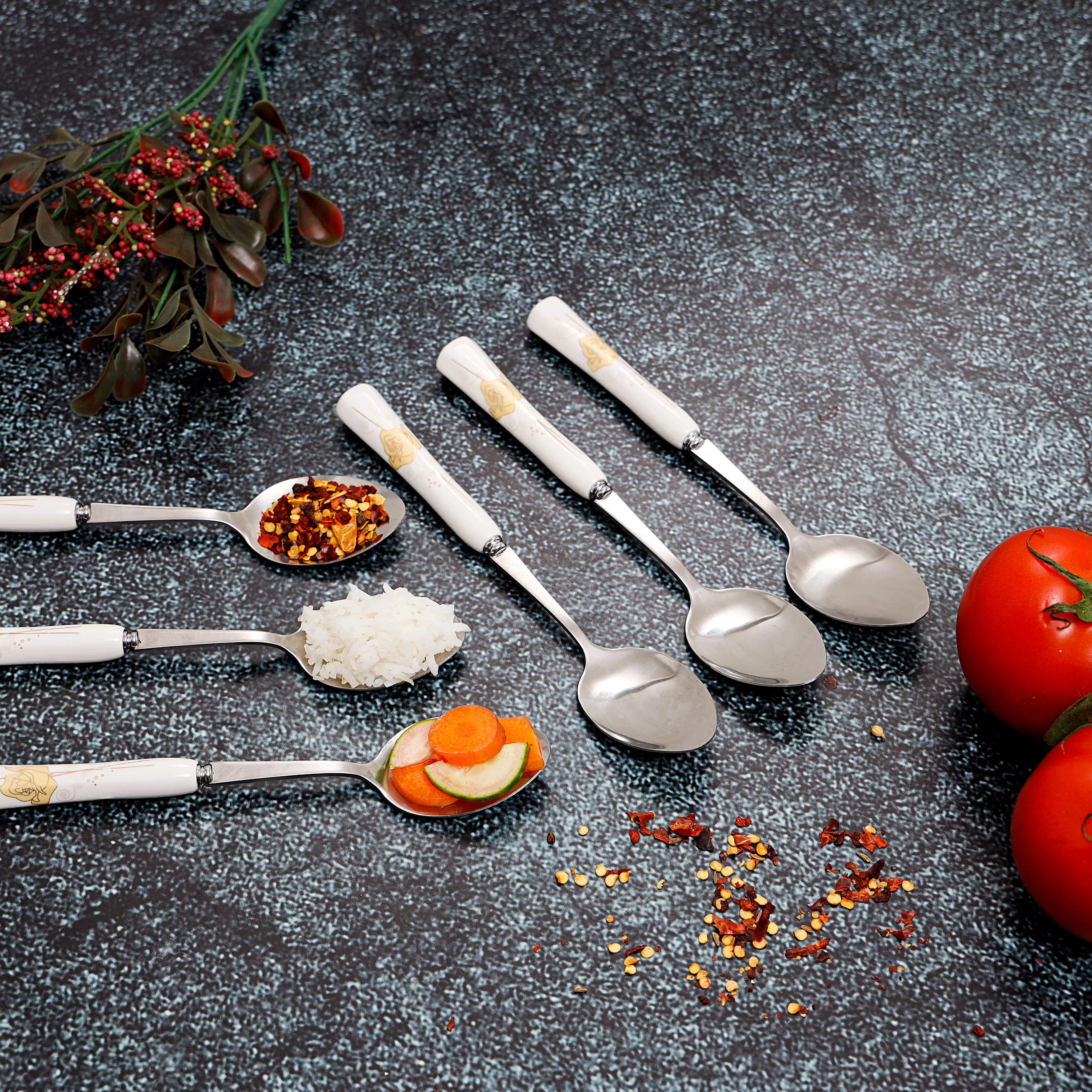Delcasa DC1628 6PCS Dinner Spoon Set| durable stainless steel spoon heads with elegant white floral handles| for daily dining, serving soups, rice and desserts| - Image 3