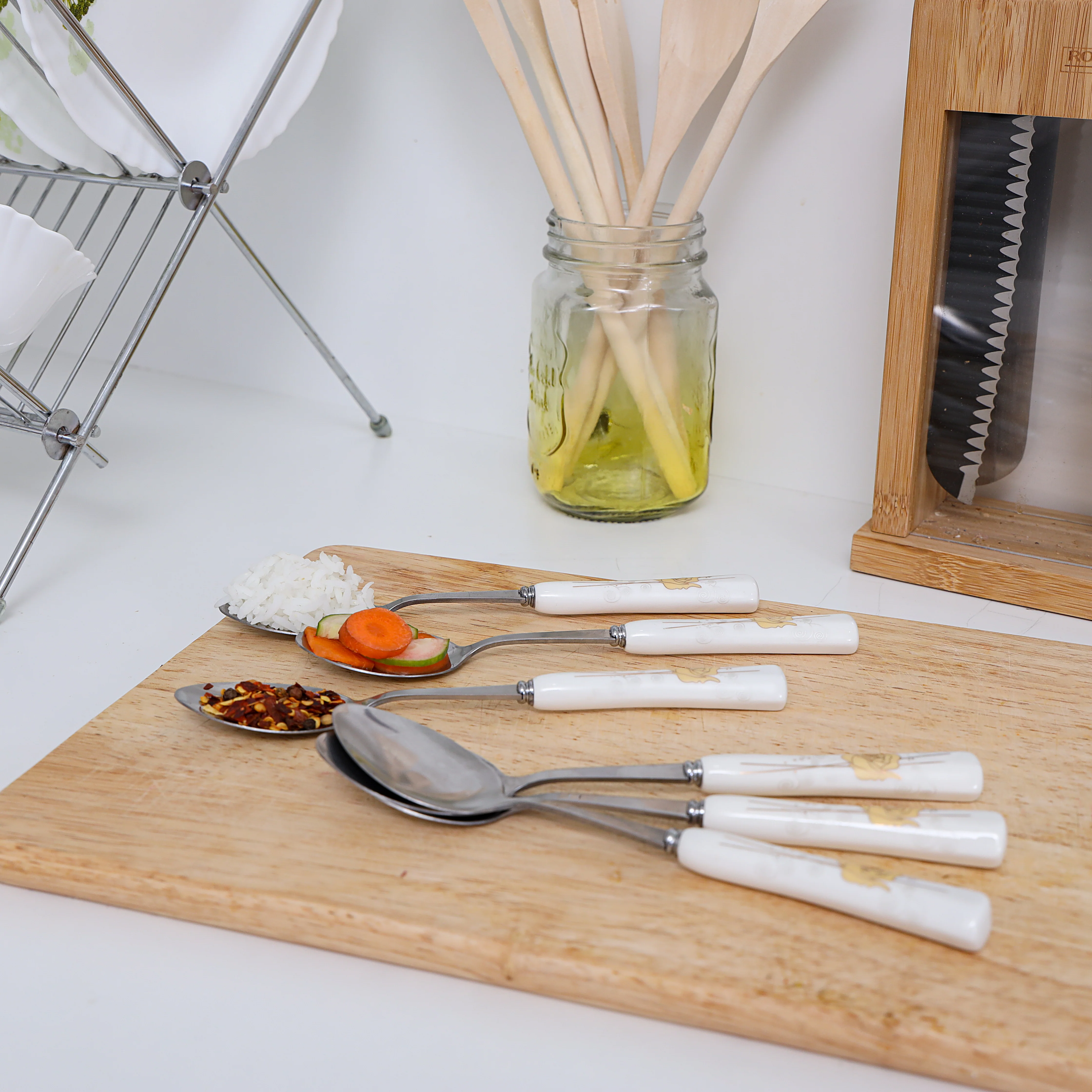 Delcasa DC1628 6PCS Dinner Spoon Set| durable stainless steel spoon heads with elegant white floral handles| for daily dining, serving soups, rice and desserts| - Image 5