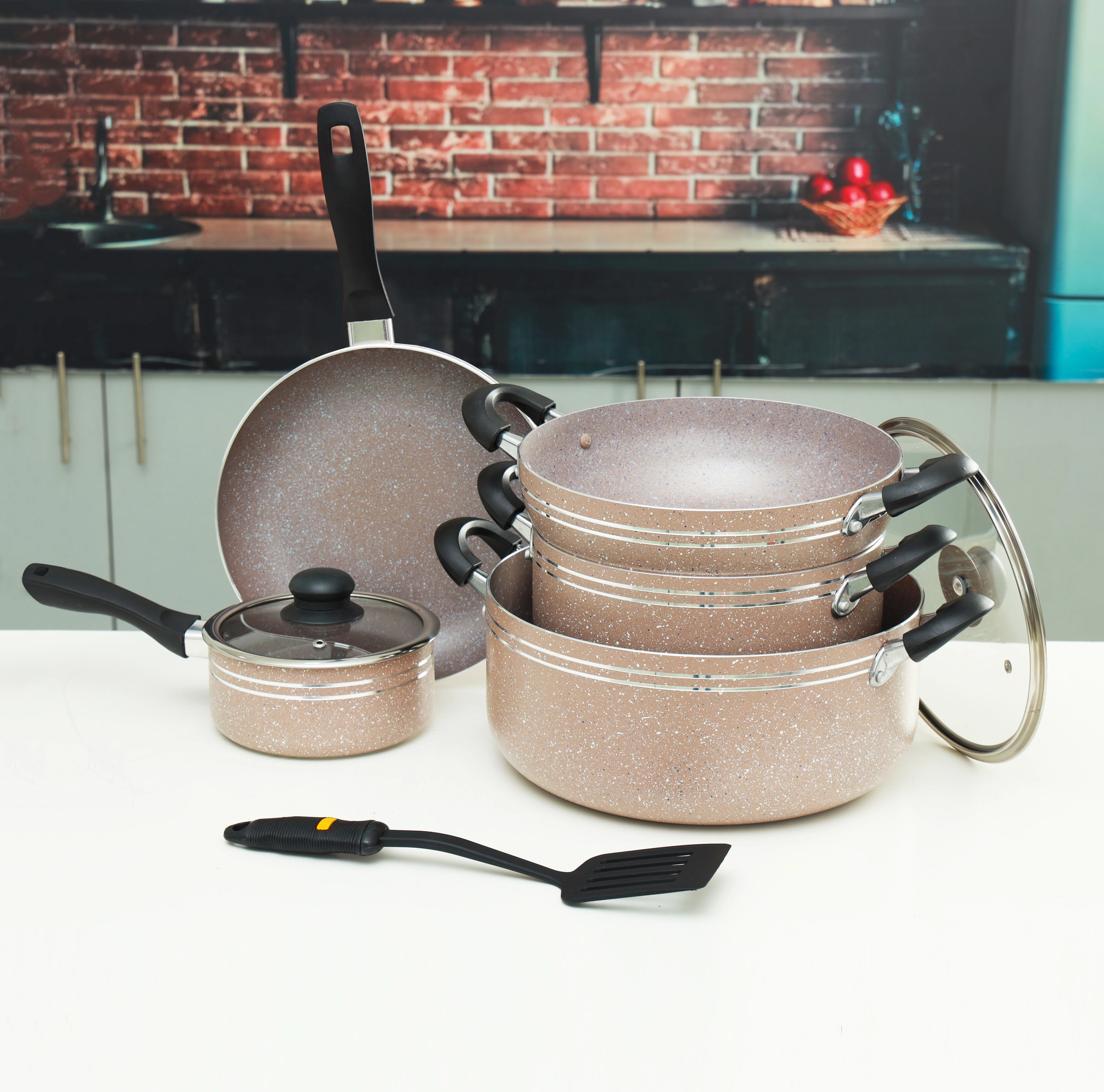 Delcasa DC1889BGE 10PCS Non-Stick Cookware Set| Granite Coating with Durable Aluminum Body| PTFE & PFOA Free, Tempered Glass Lids with Easy Clean Pots and Pans| - Image 2