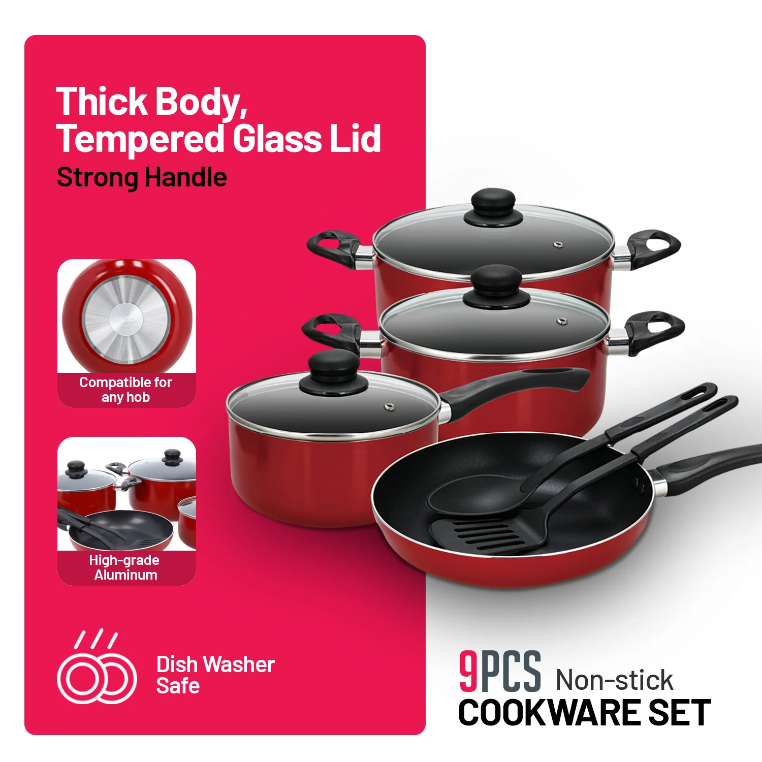Delcasa DC1995 9PCS Non-Stick Cookware Set| glass lids, frypan, durable construction| even heat distribution, easy cleaning, and is ideal for daily cooking use| - Image 3