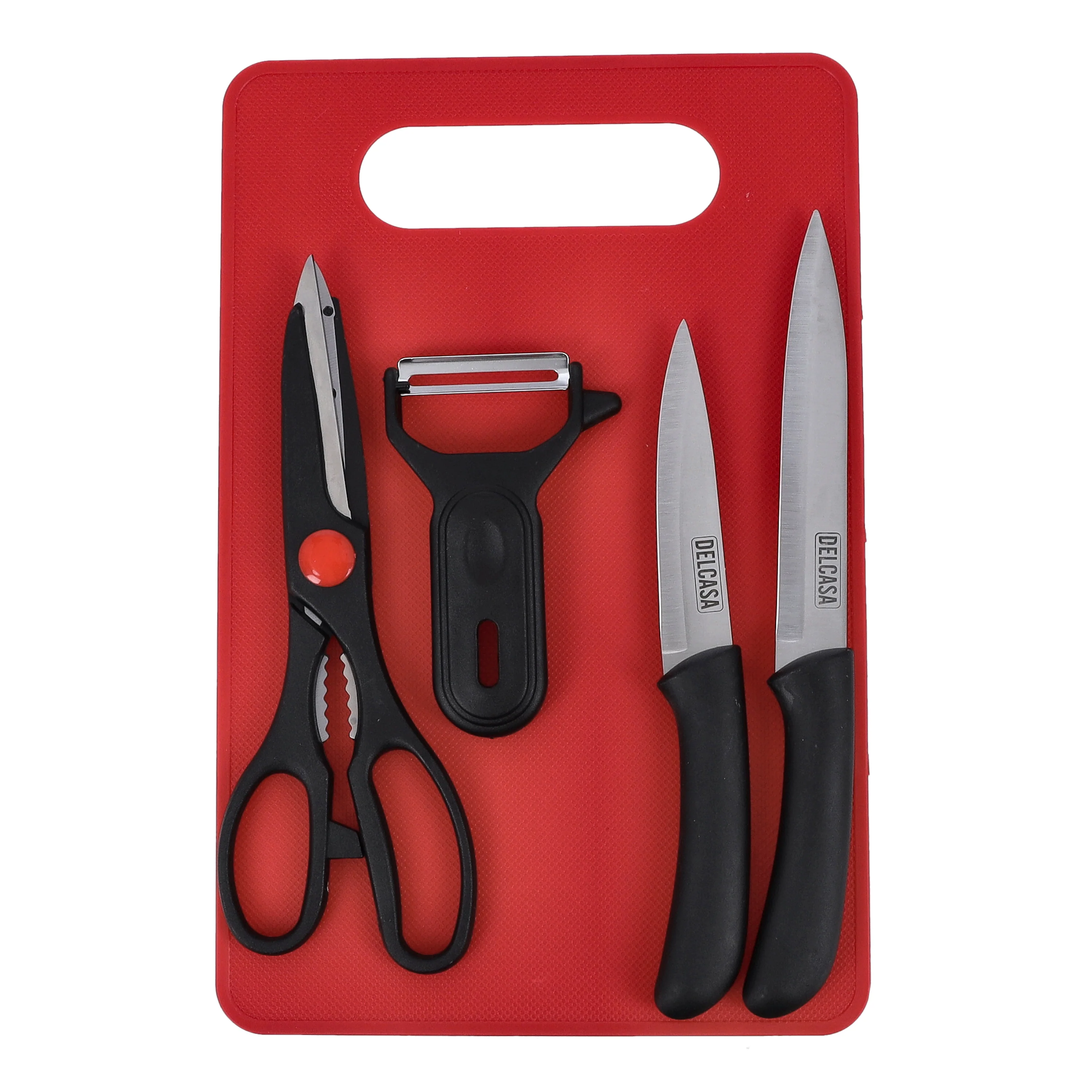Delcasa DC2082 5PCS Cutting Set| stainless steel knives, scissors, peeler, and cutting board for slicing| peeling, chopping & easy kitchen prep tasks daily day|