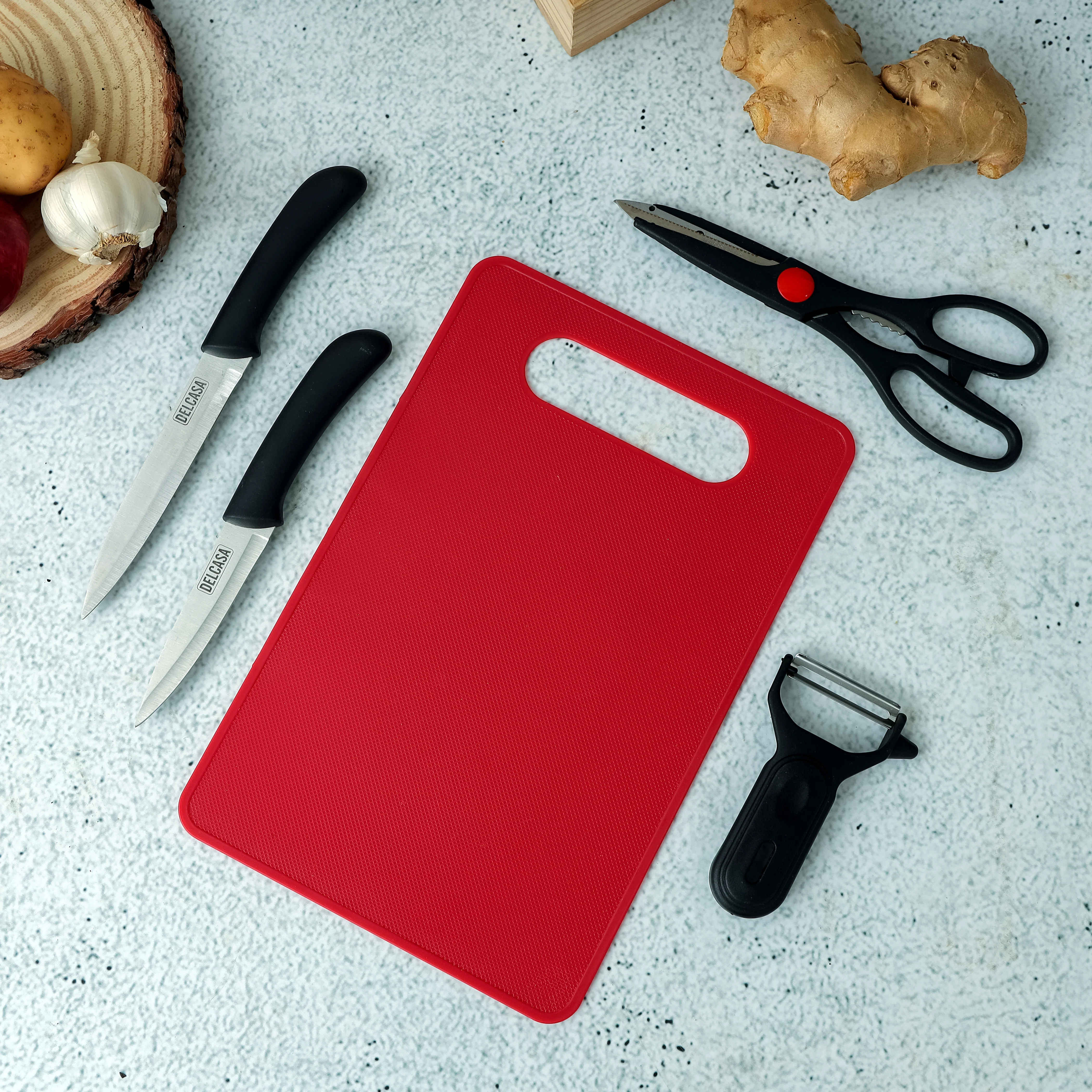Delcasa DC2082 5PCS Cutting Set| stainless steel knives, scissors, peeler, and cutting board for slicing| peeling, chopping & easy kitchen prep tasks daily day| - Image 2