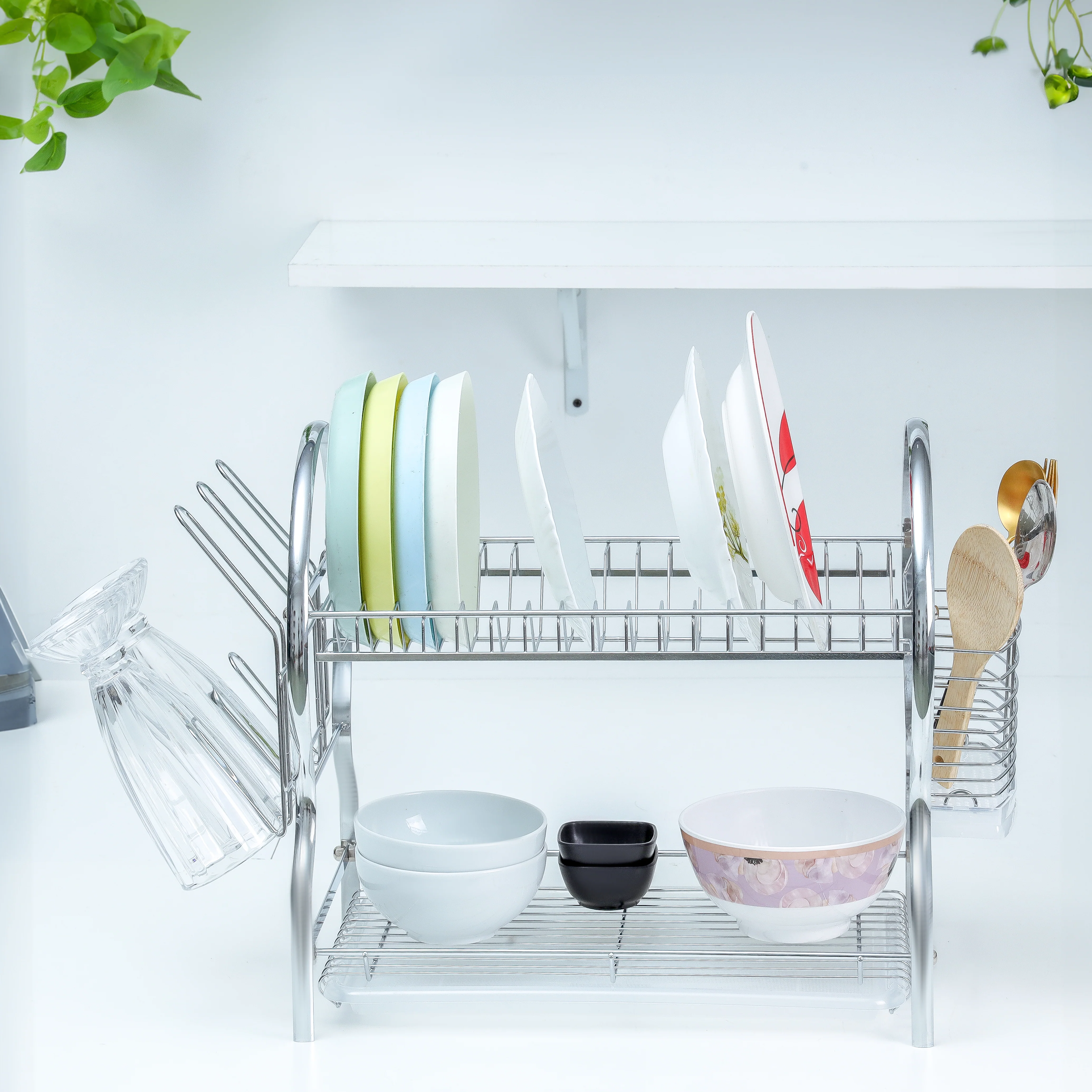Delcasa DC3030 2 Layer Dish Rack| Chrome Finish Plate Stand, Cutlery & Cup Holder| durable iron body, 17 plate capacity, PP drain board, compact kitchen storage| - Image 2