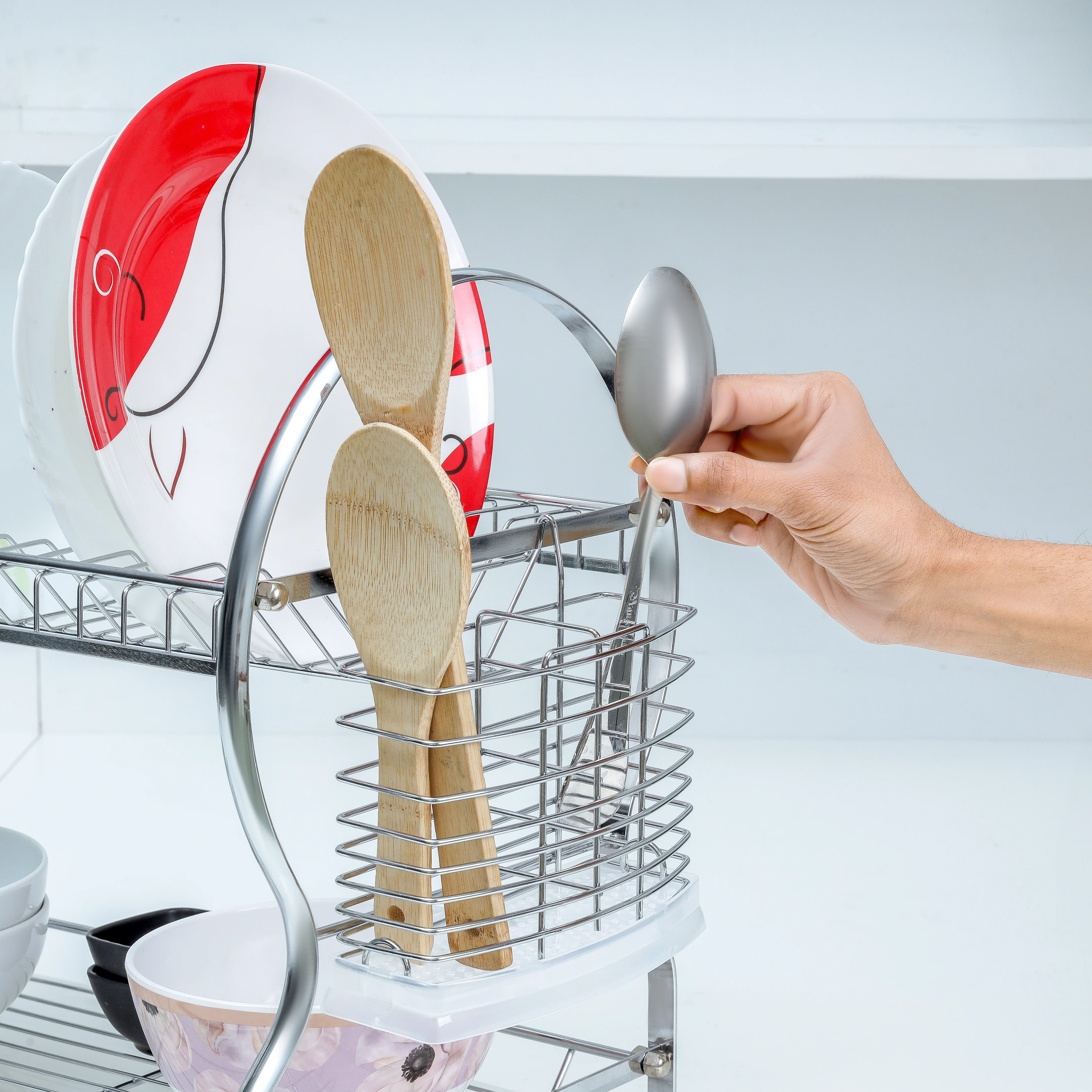 Delcasa DC3030 2 Layer Dish Rack| Chrome Finish Plate Stand, Cutlery & Cup Holder| durable iron body, 17 plate capacity, PP drain board, compact kitchen storage| - Image 4