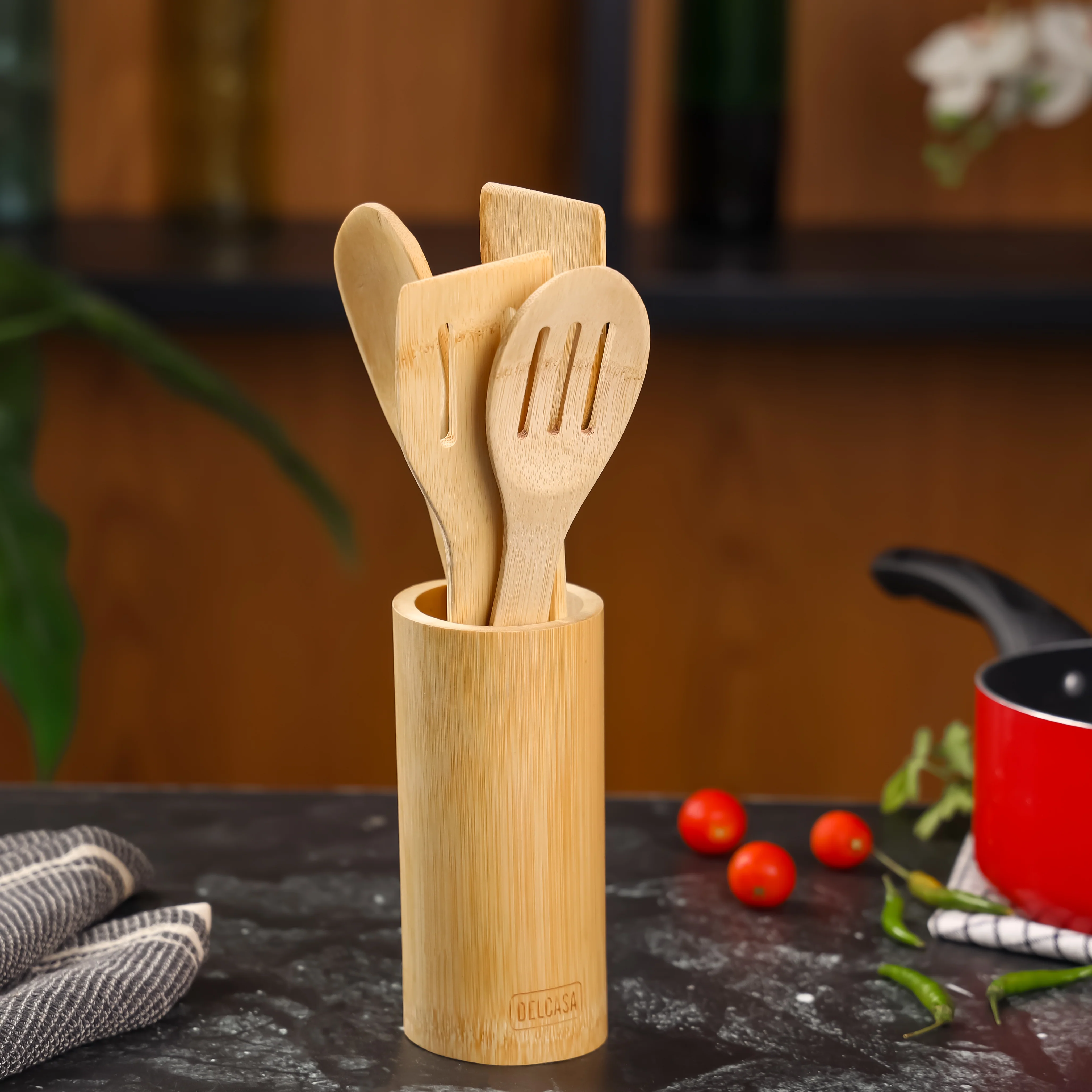 Delcasa DC3164 Bamboo Kitchen Tool Set | 5 PCS with holder & premium natural wood utensils| heat resistant, ergonomic, odor and stain resistant, easy clean set| - Image 4
