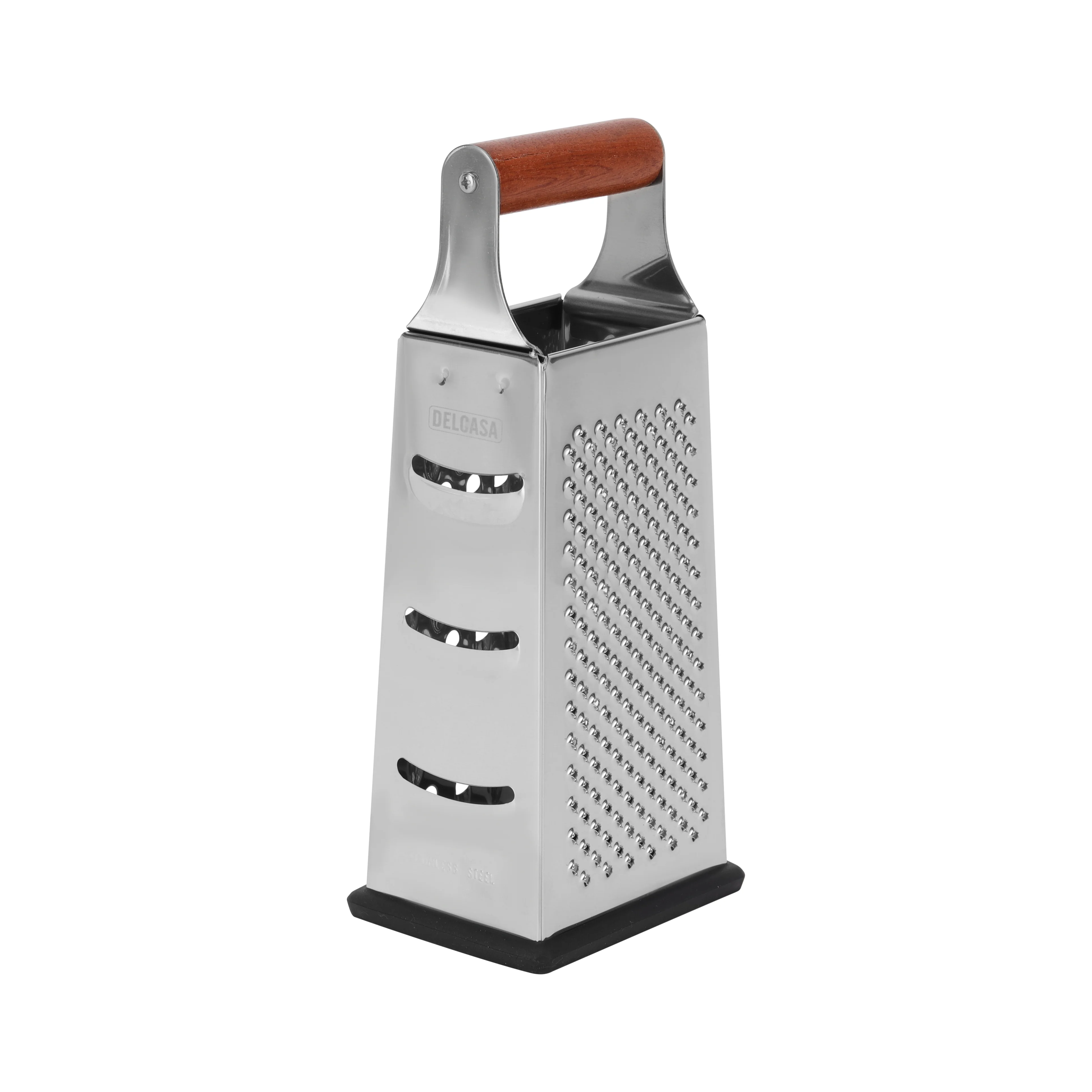 Delcasa DC3189 4 Sided Stainless Steel Grater | Wooden Handle, Razor Sharp Blades for Grating, Slicing, Shredding & Zesting| Dishwasher Safe & Durable and rust-resistant|