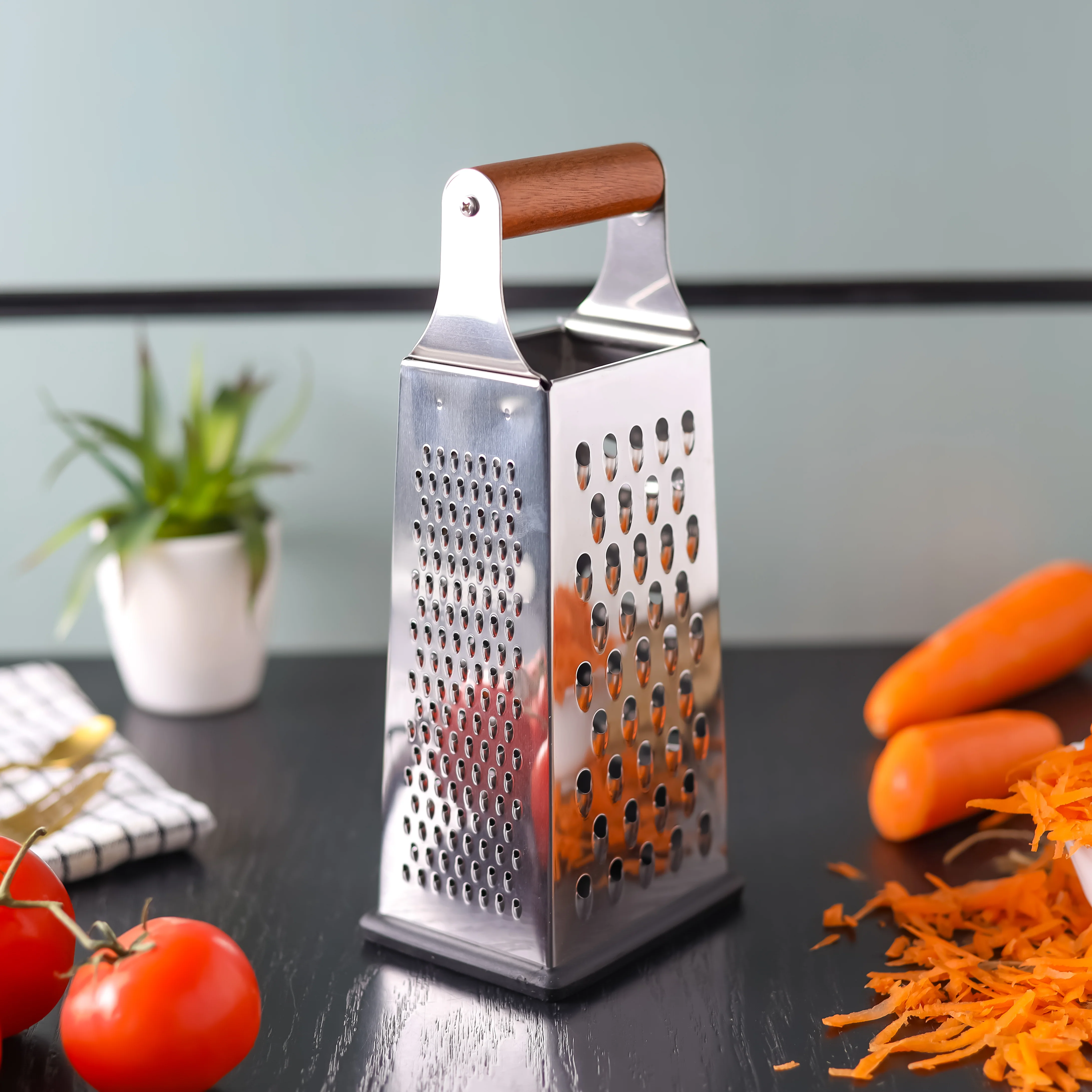 Delcasa DC3189 4 Sided Stainless Steel Grater | Wooden Handle, Razor Sharp Blades for Grating, Slicing, Shredding & Zesting| Dishwasher Safe & Durable and rust-resistant| - Image 2