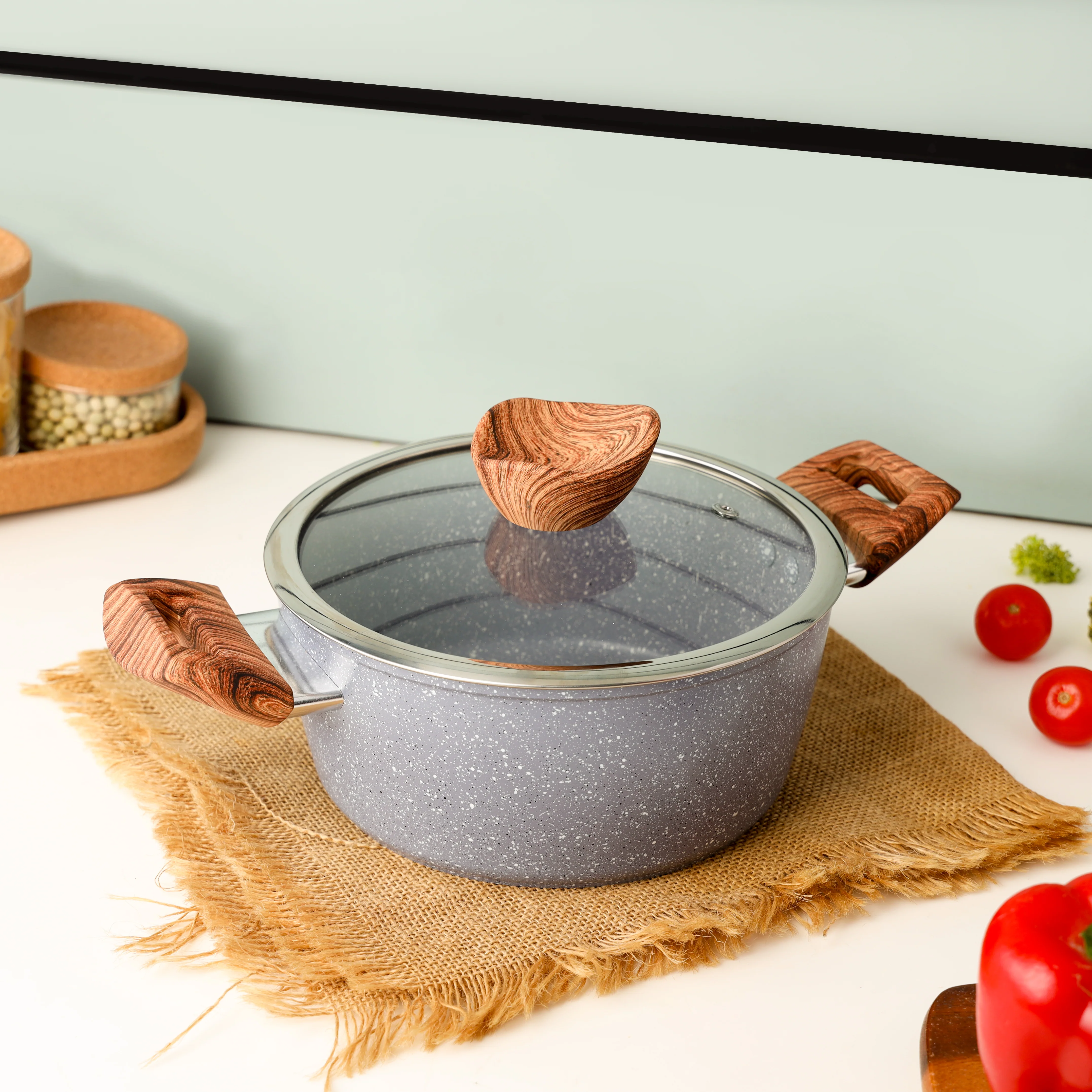Delcasa DC3325 Essential Granite Coated Casserole | 5-layer durable construction with forged aluminium body| tempered glass lid and soft-touch bakelite handles| - Image 4