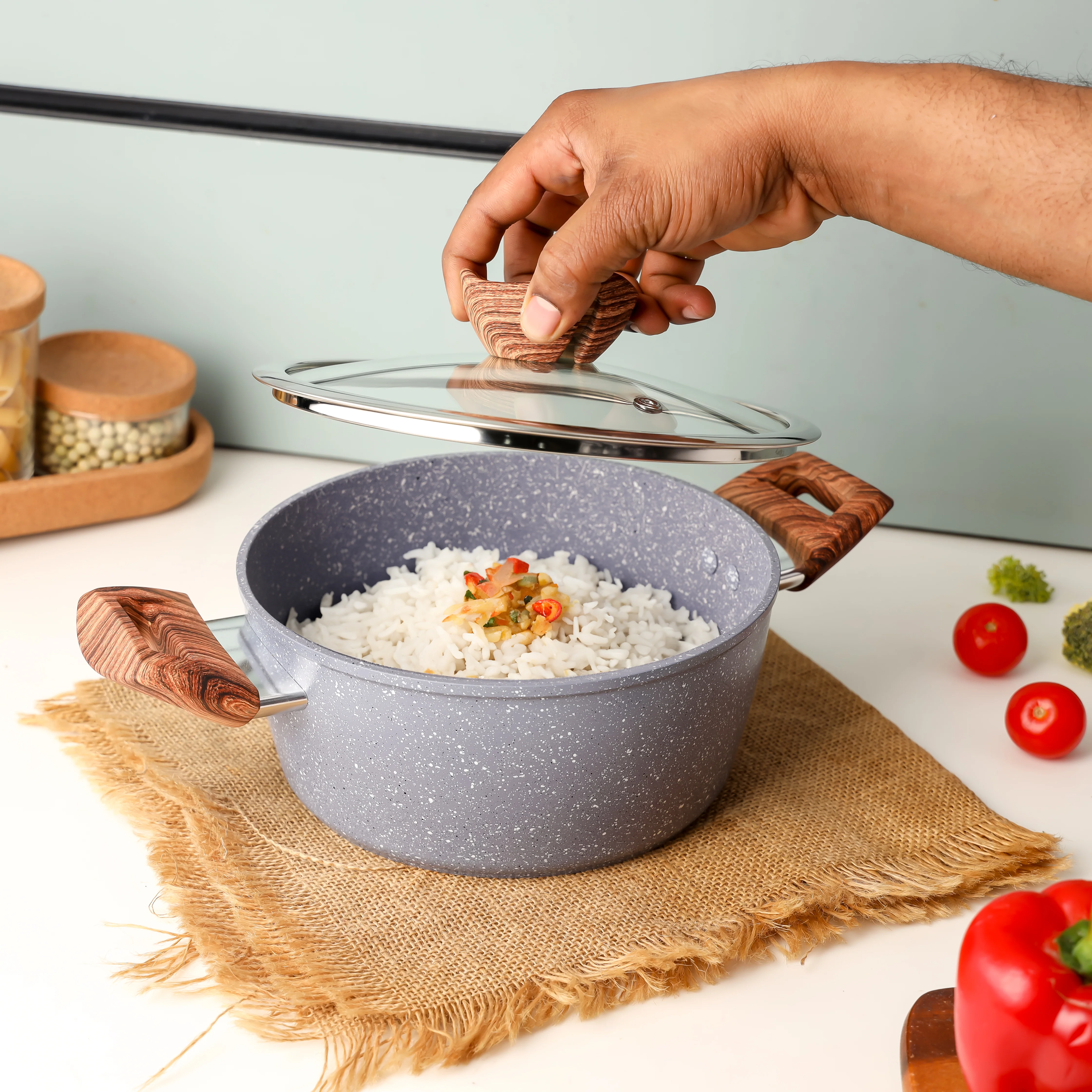 Delcasa DC3326 Essential Casserole | 5-layer durable granite coating with forged aluminium body| tempered glass lid, soft-touch bakelite handles, 20-30cm sizes| - Image 3