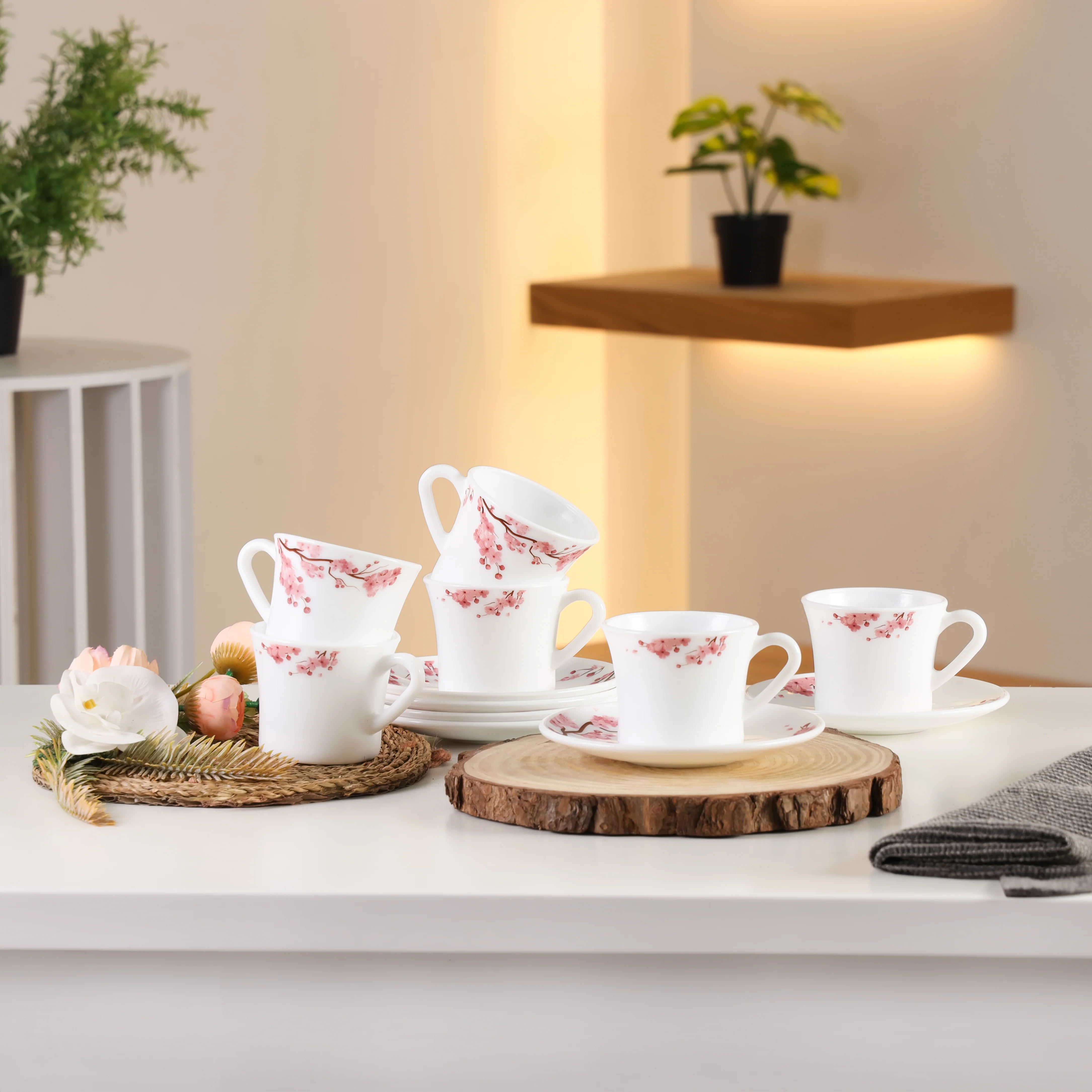 Delcasa DC3402 opalware cups & saucer set| 12pcs with 6 cups and 6 saucers and 200ml capacity| floral design, lightweight, microwave, dishwasher & freezer safe| - Image 2