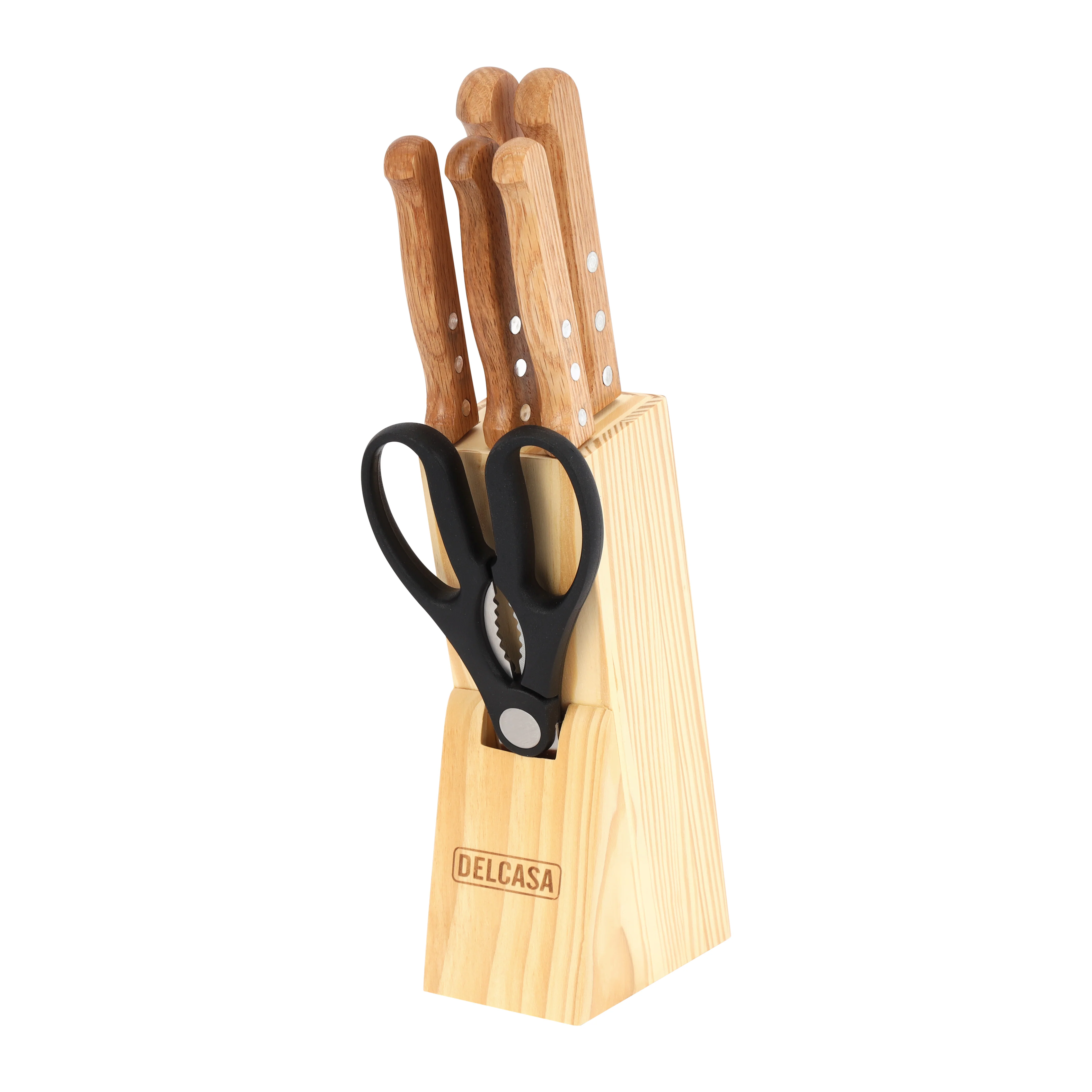 Delcasa DC3792 7PCS Knife Set| wooden holder with chef knife, slicer knife, utility knife, steak knife and paring knife| kitchen scissors with ergonomic design|
