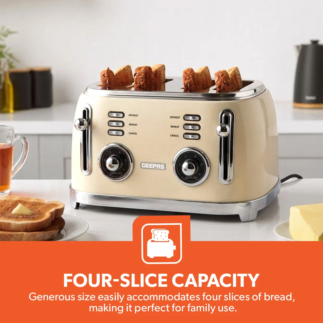 Geepas 4 Slice Toaster GBT36564UK-CR | 1500W Powerful Toaster with 6 Adjustable Browning Levels, Defrost, Reheat & Cancel Functions, Removable Crumb Tray, Cord Storage - Image 3