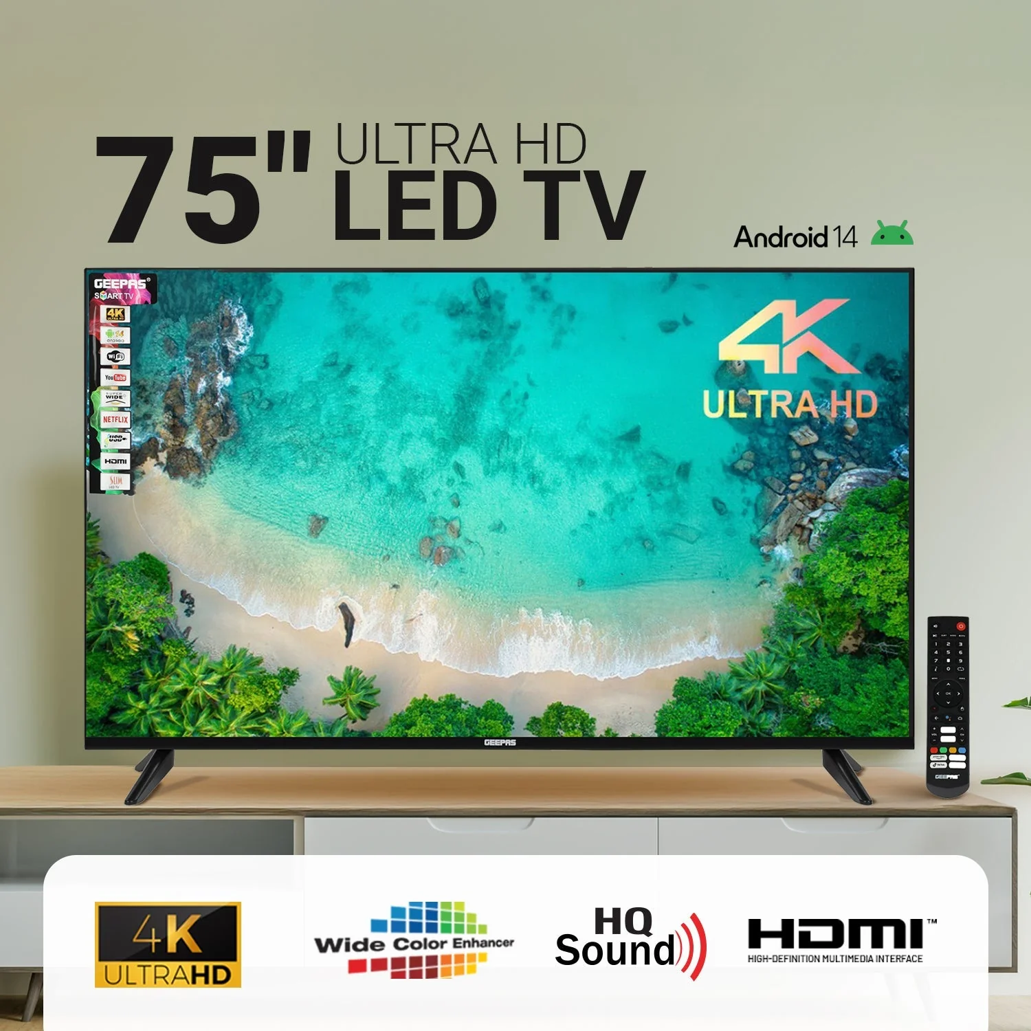 Geepas 75" Smart TV- GLED7523SXUHD| VIDAA Powered, DOLBY Digital, 4K Ultra HD, Smart TV| HDMI & USB Ports| Pre-Installed Apps, Wi-Fi and Screen Sharing, Dolby Digital - Image 2