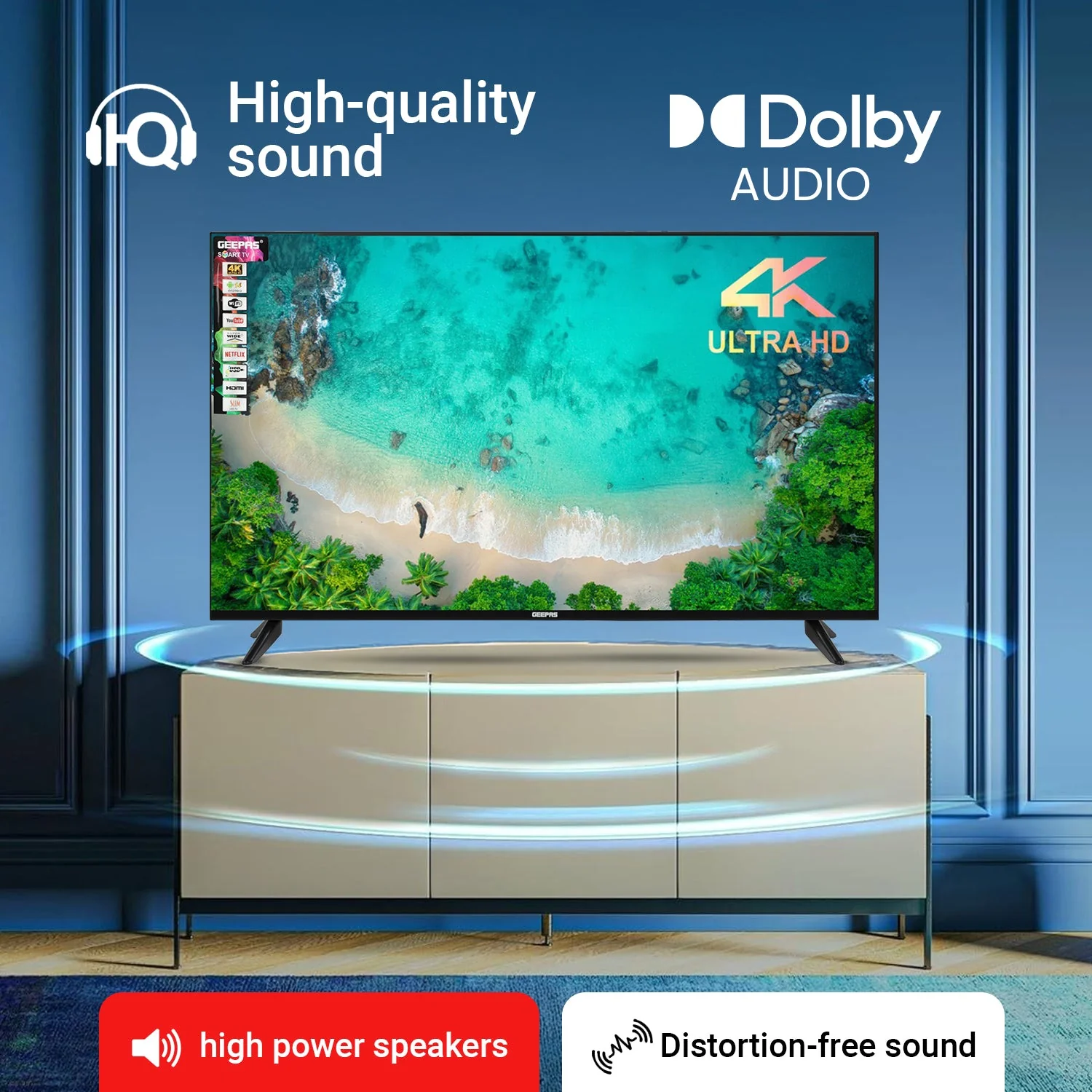 Geepas 75" Smart TV- GLED7523SXUHD| VIDAA Powered, DOLBY Digital, 4K Ultra HD, Smart TV| HDMI & USB Ports| Pre-Installed Apps, Wi-Fi and Screen Sharing, Dolby Digital - Image 6