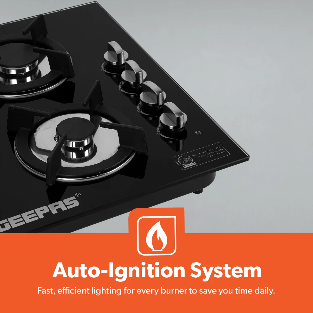 Geepas GGC31050FFD Built-in Glass Gas Hob | 4 Burners | Auto Ignition System | Flame Failure Safety Device (FFD) | Durable Design | Energy Efficient | 2 Years Warranty - Image 3