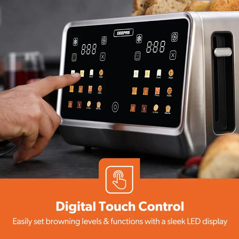 Geepas Digital 4-Slice Toaster- GBT36569UK/ 6 Modes, Removable Crumb Tray and Stainless Steel Housing, Defrost, Reheat and Cancel Functions/ 2 Years Warranty, Silver - Image 3