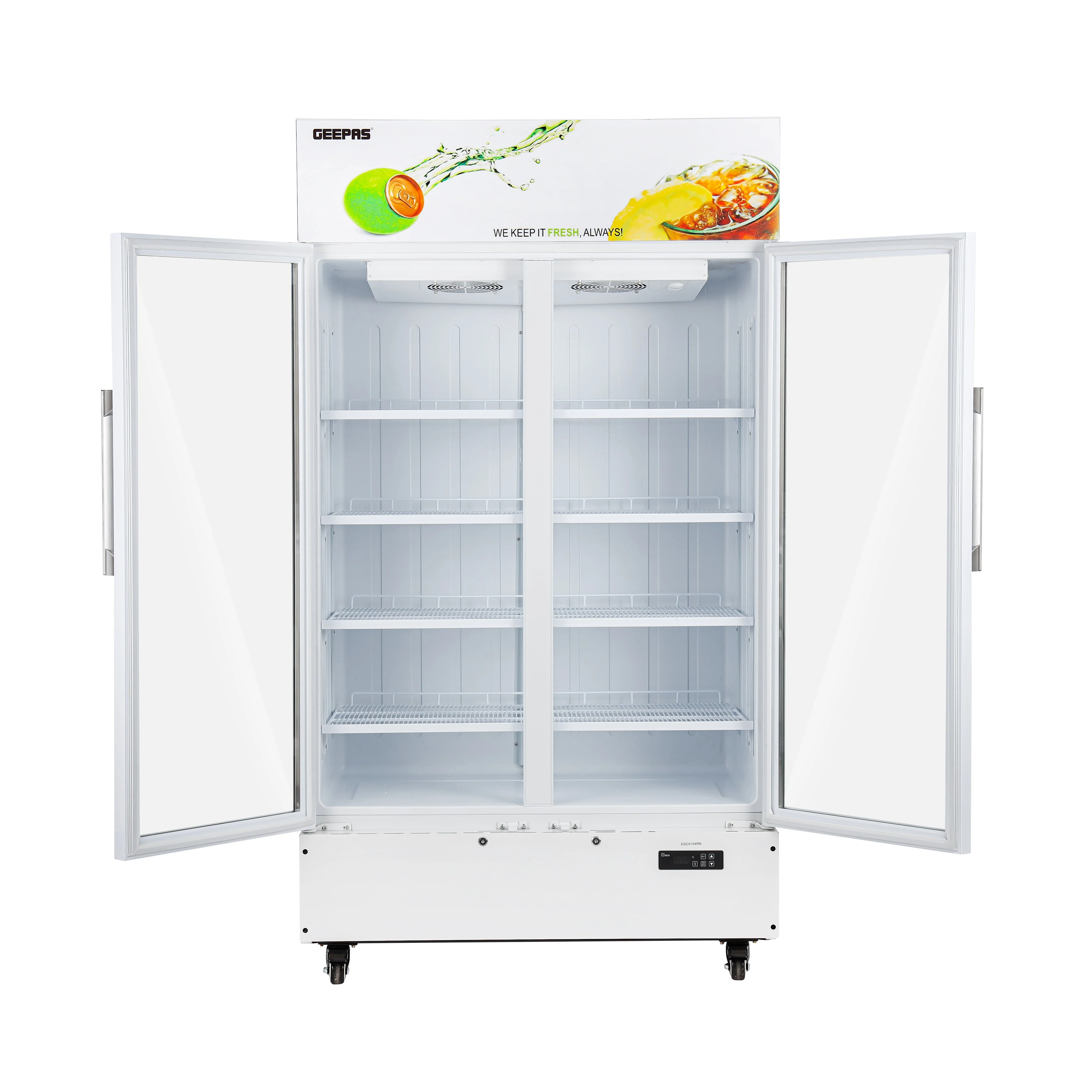 Geepas GSC8104RN Double Door Showcase Chiller | 810L Large Capacity | LED Digital Temperature Control | Fan Cooling | No Frost | Vertical LED Light | 1-Year Warranty - Image 2