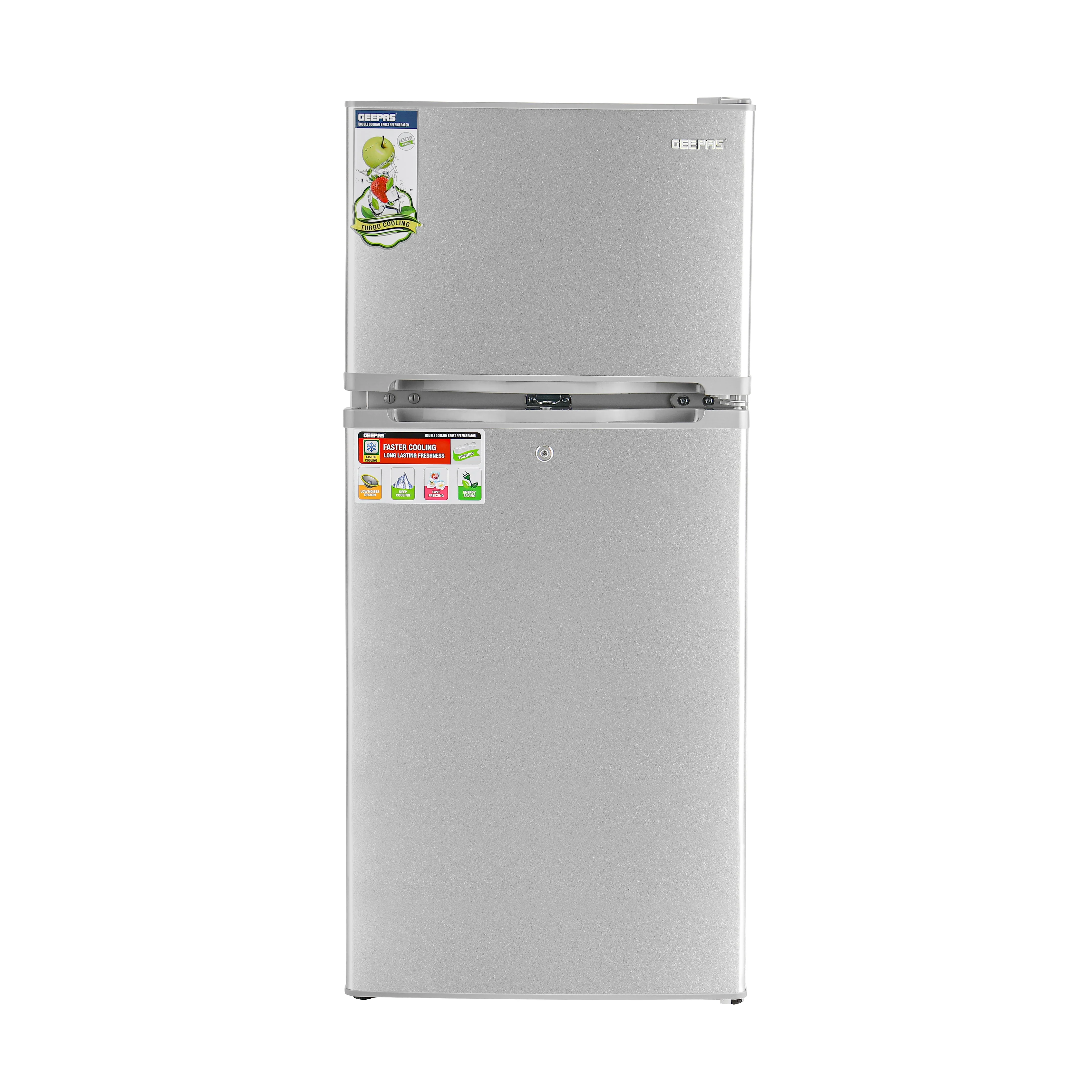 Geepas Double Door No-Frost Refrigerator- GRF2003SPN Quick Cooling, Low Noise, Equipped with Big Storage Freezer, Spacious Vegetable Crisper Box/ Auto Defrost to Prevent Ice Formation, Eco-Friendly Design/ Silver, 1-Year Warranty