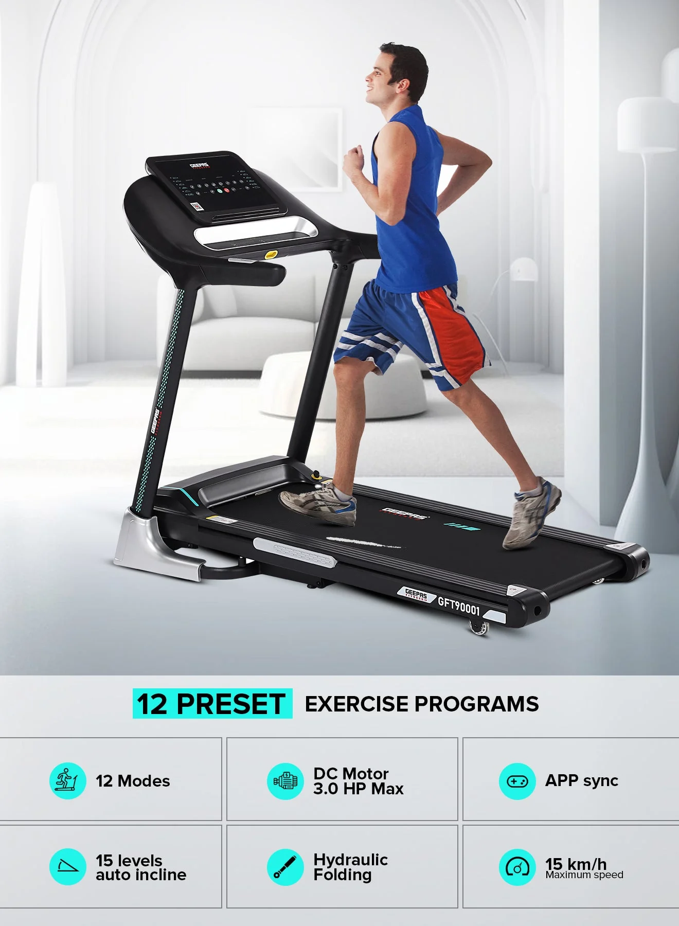 Geepas GFT90001 Foldable Hydraulic Treadmill | 3HP Brushless DC Motor| 15-Level Auto Incline| 12 Preset Programs| LED Display| Bluetooth App Sync & 2 Years Warranty - Image 6