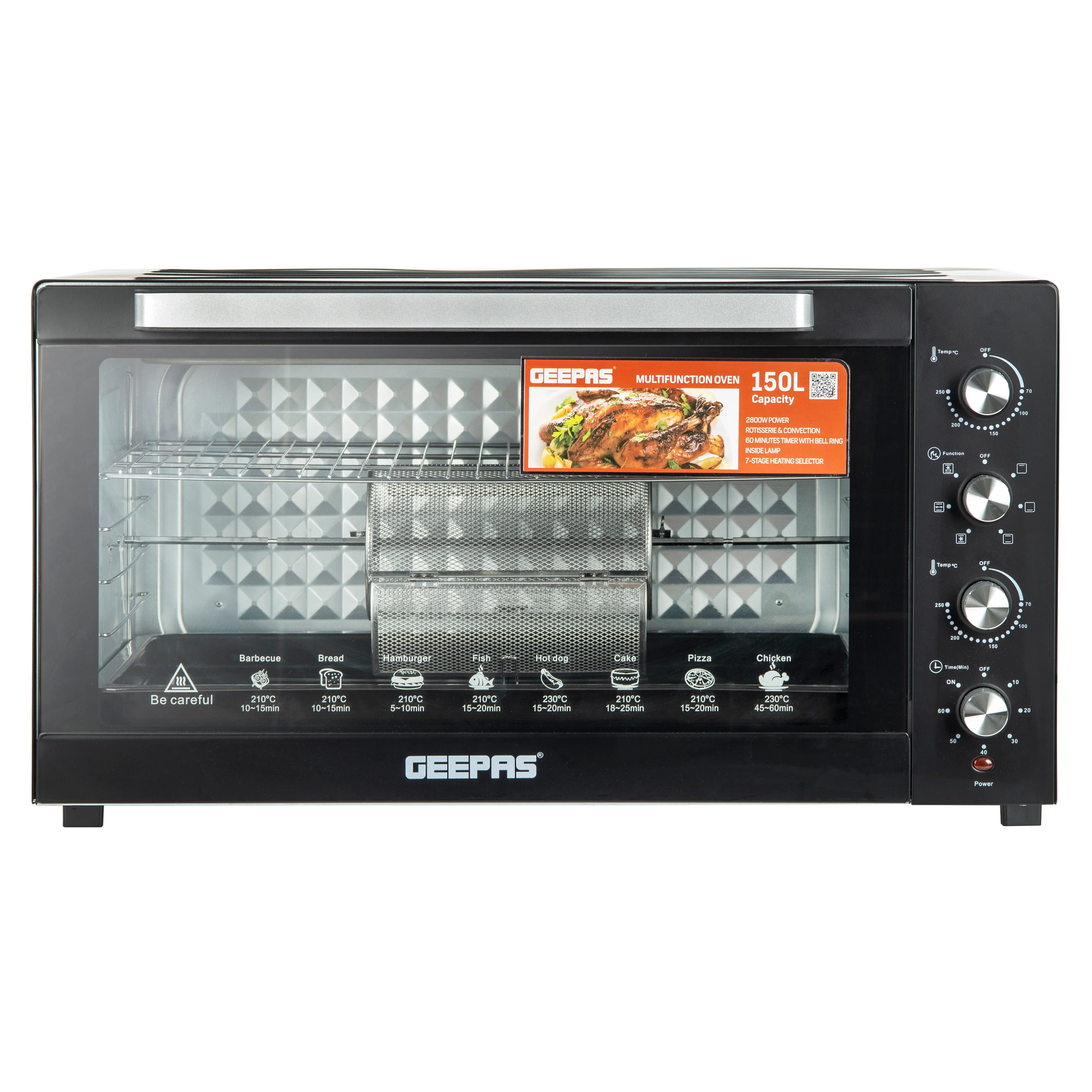 Geepas G034055 Multi-Function Oven |150L capacity, 2800W, rotisserie Durable and convection| 7 cooking functions, 60-min timer & adjustable temperature control|
