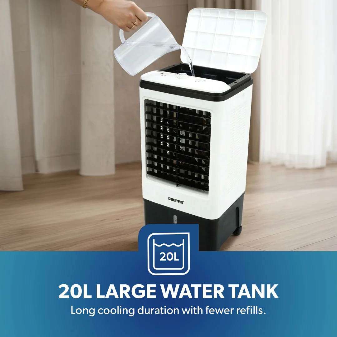 Geepas GAC9576 Air Cooler | 20L Water Tank, 80W Power, 3 Wind Speeds & 2000 m³/h Airflow| Durable Design, 4 Dry Ice Boxes, Automatic Swing & Manual Adjustment| - Image 4