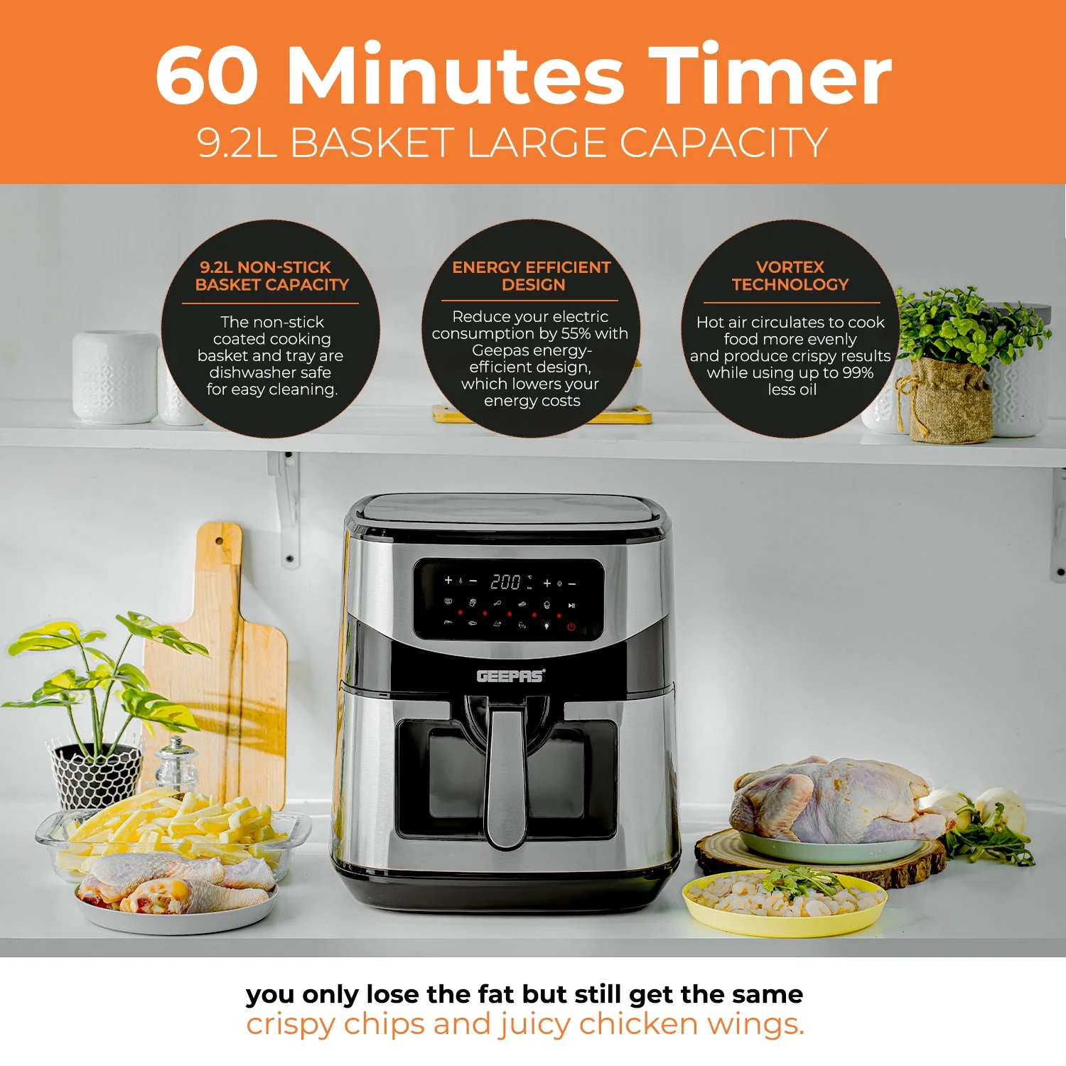 Geepas GAF37524UK Digital Air Fryer | 9.2L Capacity, Vortex Air Frying Technology & Oil-Free Cooking| Durable, LED Touchscreen, 9 Preset Modes & 1–60 Min Timer| - Image 3