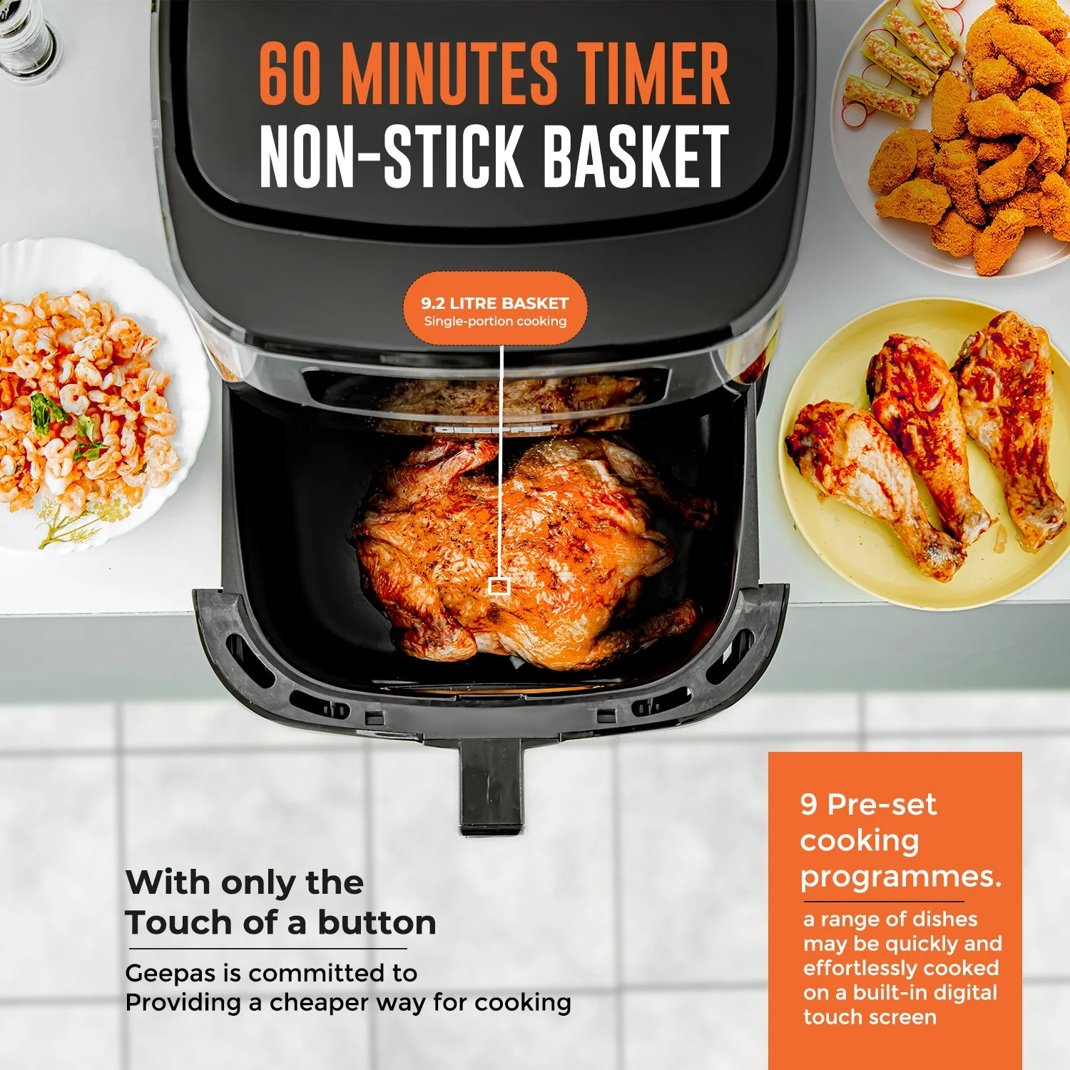 Geepas GAF37524UK Digital Air Fryer | 9.2L Capacity, Vortex Air Frying Technology & Oil-Free Cooking| Durable, LED Touchscreen, 9 Preset Modes & 1–60 Min Timer| - Image 4