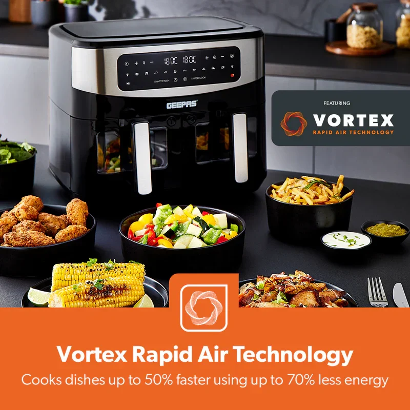 Geepas GAF37525UK 9 L Digital Air Fryer| Equipped with VORTEX Air Frying Technology & Oil Free Cooking| LED Display with Touch Screen & 10 Preset Cooking Modes| - Image 2