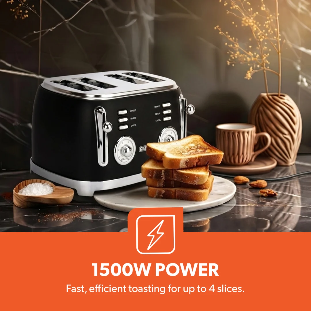 Geepas GBT36564UK-BK 4 Slice Toaster | Powerful 1500W Metal Body | 6 Browning Levels | Removable Crumb Tray | Defrost, Reheat & Cancel Functions with Cord Storage - Image 7
