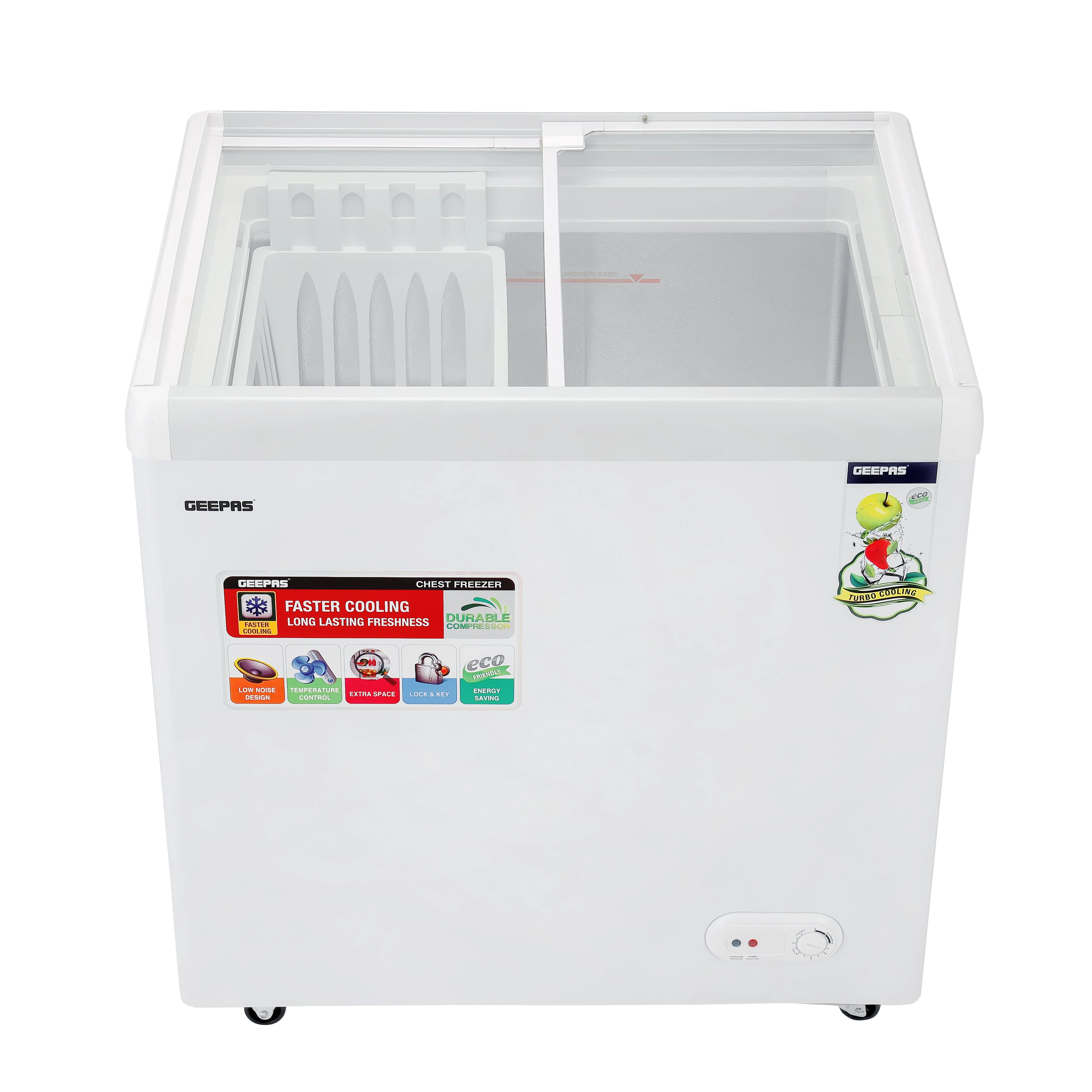 Geepas GCF2622SG Chest Showcase Freezer| 260L Convertible Freezer and Adjustable Thermostat| Sliding Glass Door, Lock & Key, Durable Construction and LED Lamp| - Image 5