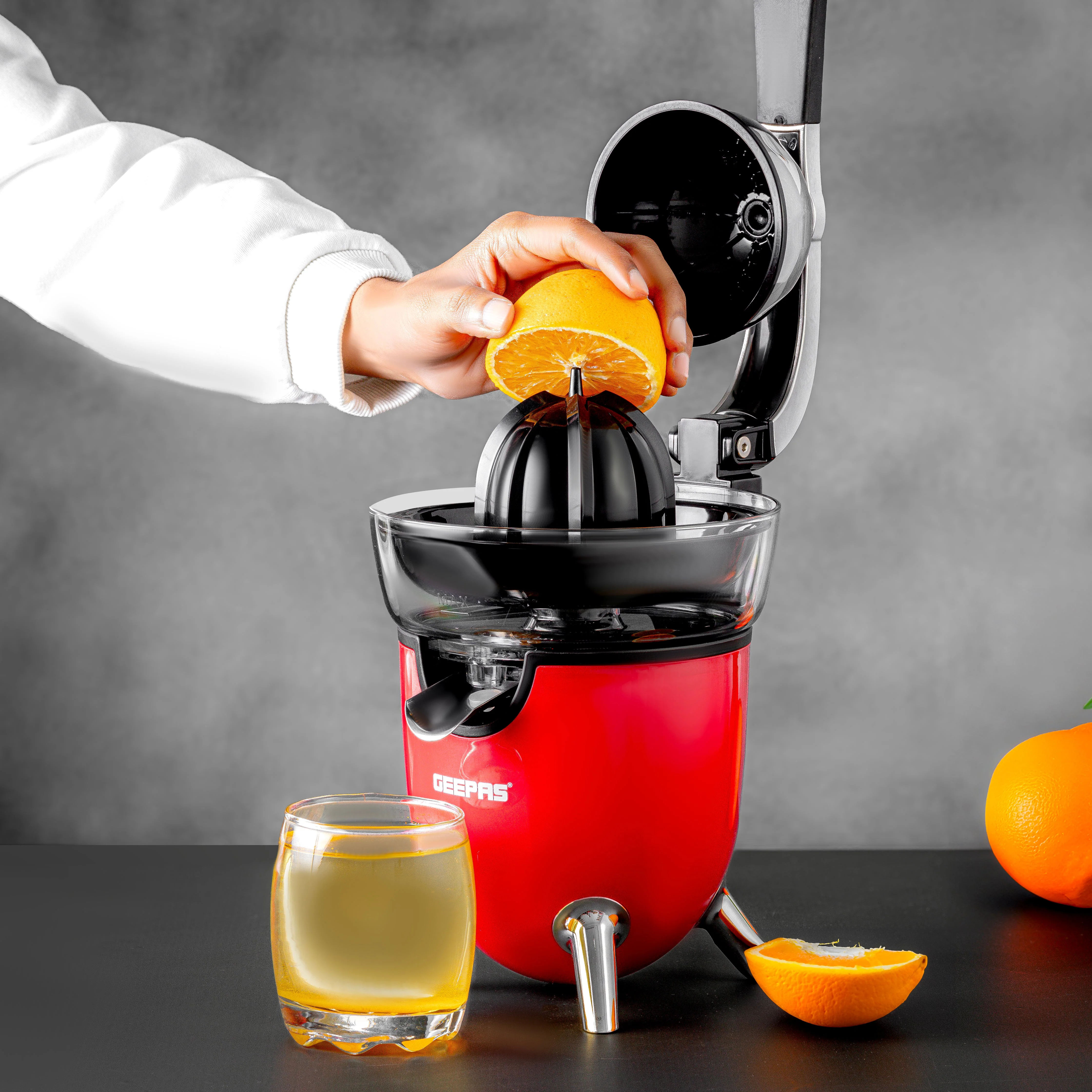 Geepas GCJ46021 Stainless Steel Citrus Juicer | For Oranges, Lemons & More | 2 Cones | Filter Basket | Transparent Collector | Easy Clean | 2Year Warranty - Image 4