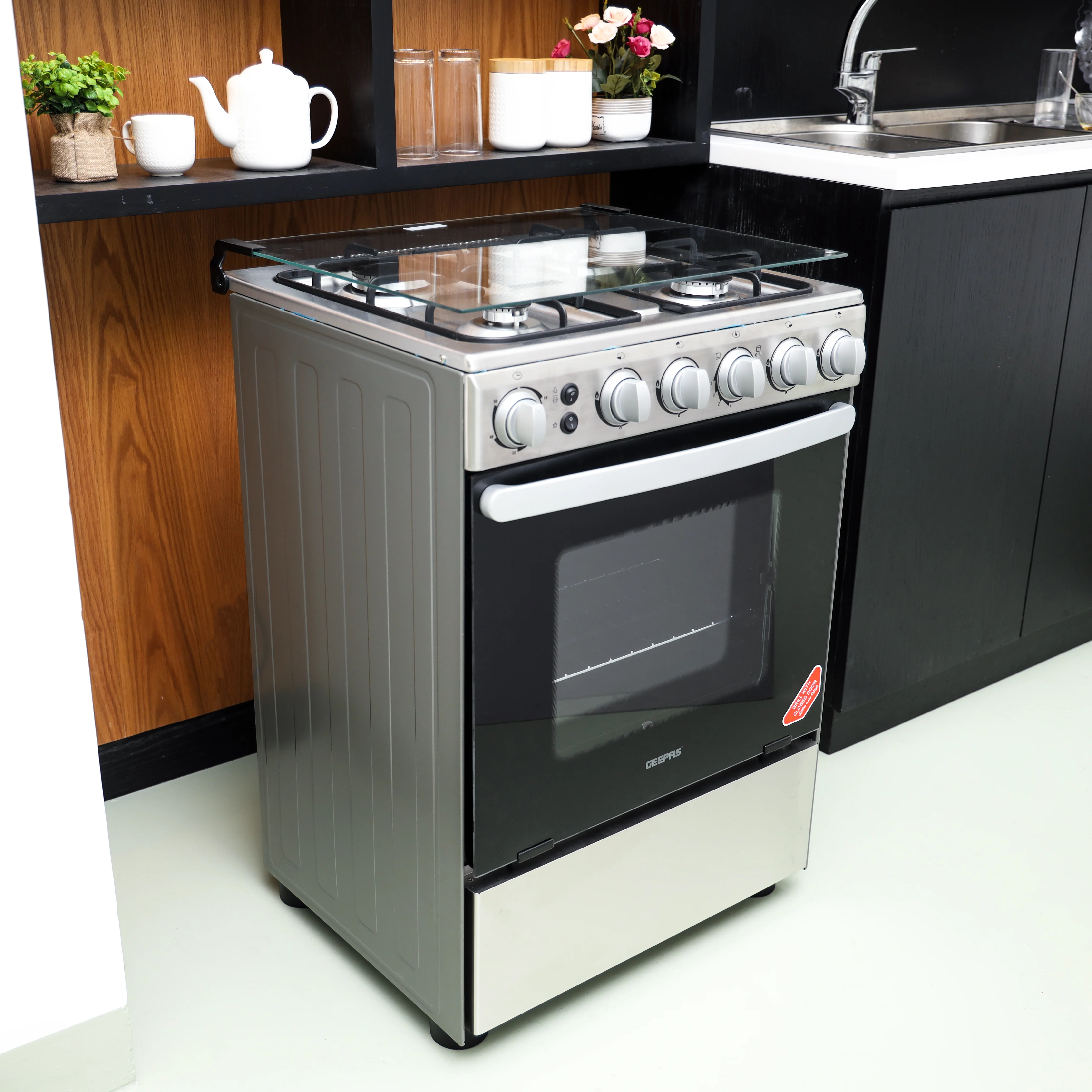 Geepas GCR6058 Cooking Range| 60x60cm, 4 Gas Burners with Electric Ignition & Oven Lamp| Durable, Timer, Rotisserie, Stainless Steel Housing & Double Glass Door| - Image 4