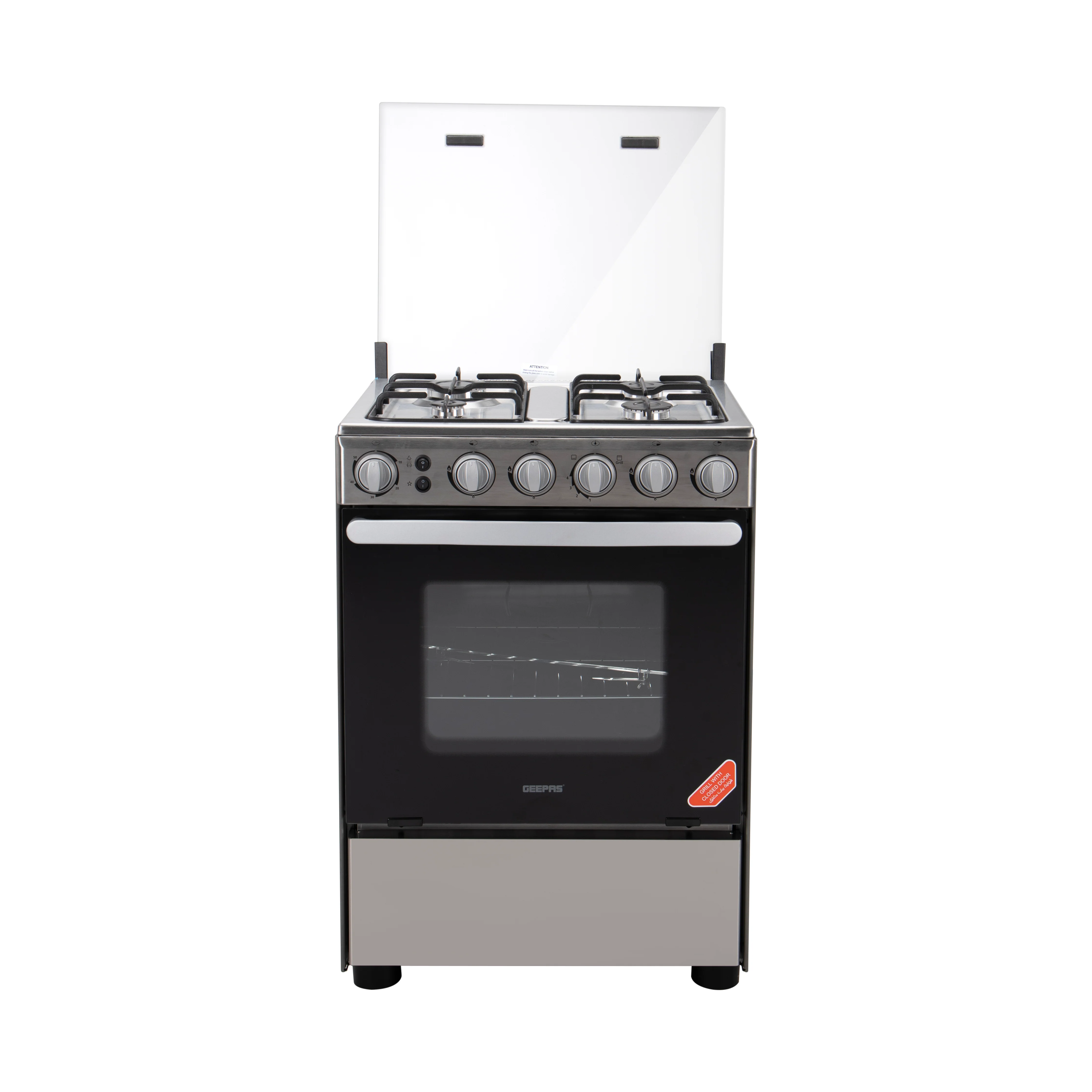 Geepas GCR6058 Cooking Range| 60x60cm, 4 Gas Burners with Electric Ignition & Oven Lamp| Durable, Timer, Rotisserie, Stainless Steel Housing & Double Glass Door| - Image 5