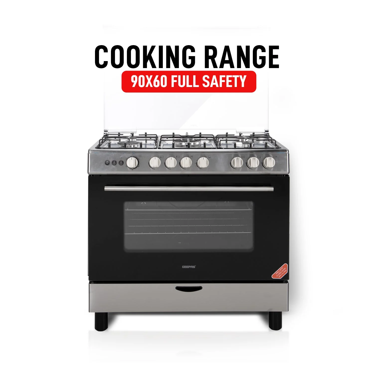 Geepas GCR9060NPSRC Cooking Range| 90x60cm, 5 Gas Burners, Electric Ignition and Oven Lamp| Durable, Timer & Rotisserie, Stainless Steel Housing and Glass Door| - Image 2