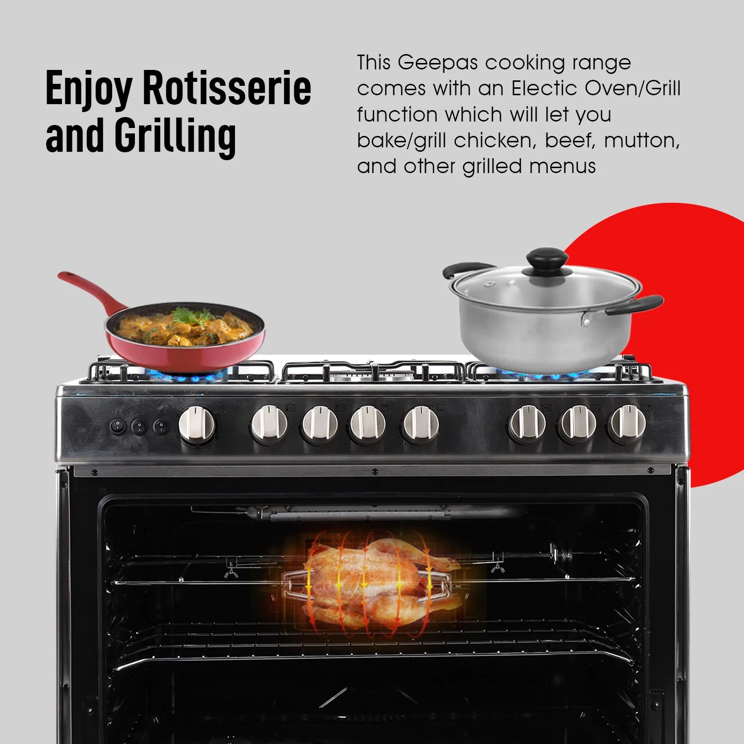 Geepas GCR9060NPSRC Cooking Range| 90x60cm, 5 Gas Burners, Electric Ignition and Oven Lamp| Durable, Timer & Rotisserie, Stainless Steel Housing and Glass Door| - Image 4