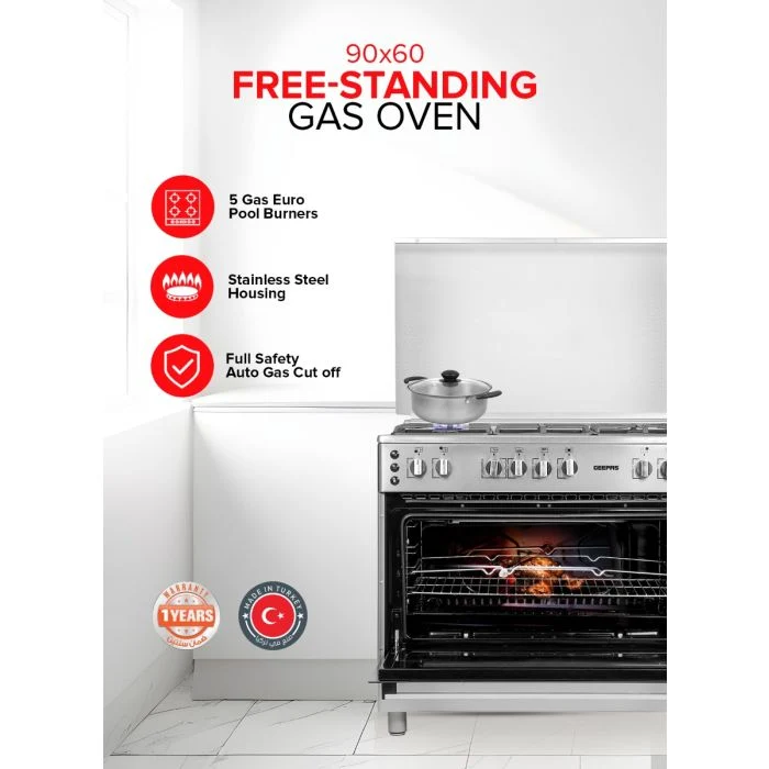 Geepas GCR9077FTCST 90x60 Cooking Range | 5 Gas Burners, Italian Sabaf Triple Burner and Rotisserie| Turbofan, Full Safety, Stainless Steel and Made in Turkey| - Image 3