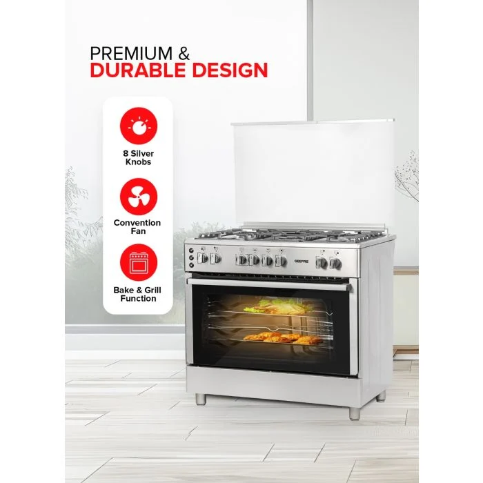 Geepas GCR9077FTCST 90x60 Cooking Range | 5 Gas Burners, Italian Sabaf Triple Burner and Rotisserie| Turbofan, Full Safety, Stainless Steel and Made in Turkey| - Image 4