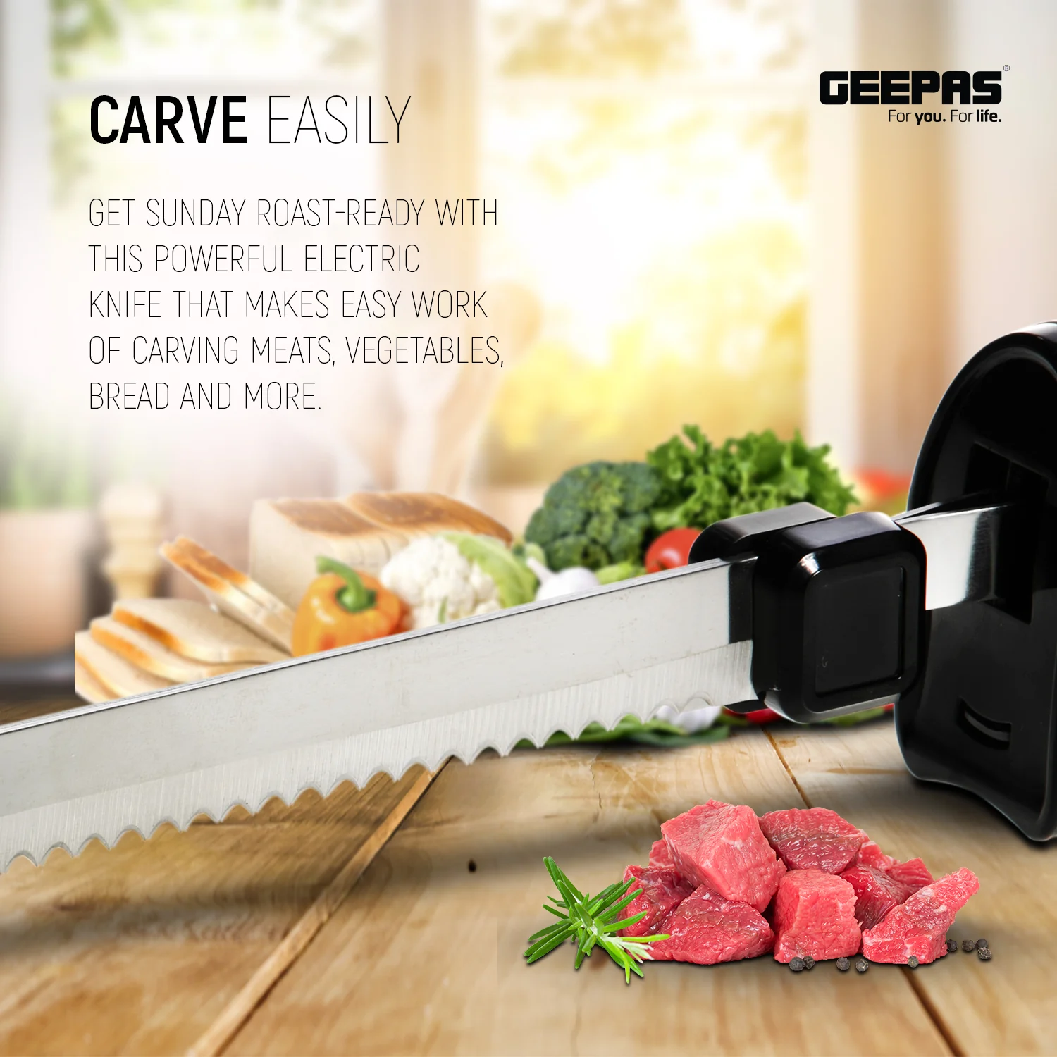 Geepas GEK63024UK Electric Knife | features a 150W motor, stainless steel blades and ergonomic grip | precise carving performance for meats, bread, and poultry| - Image 4
