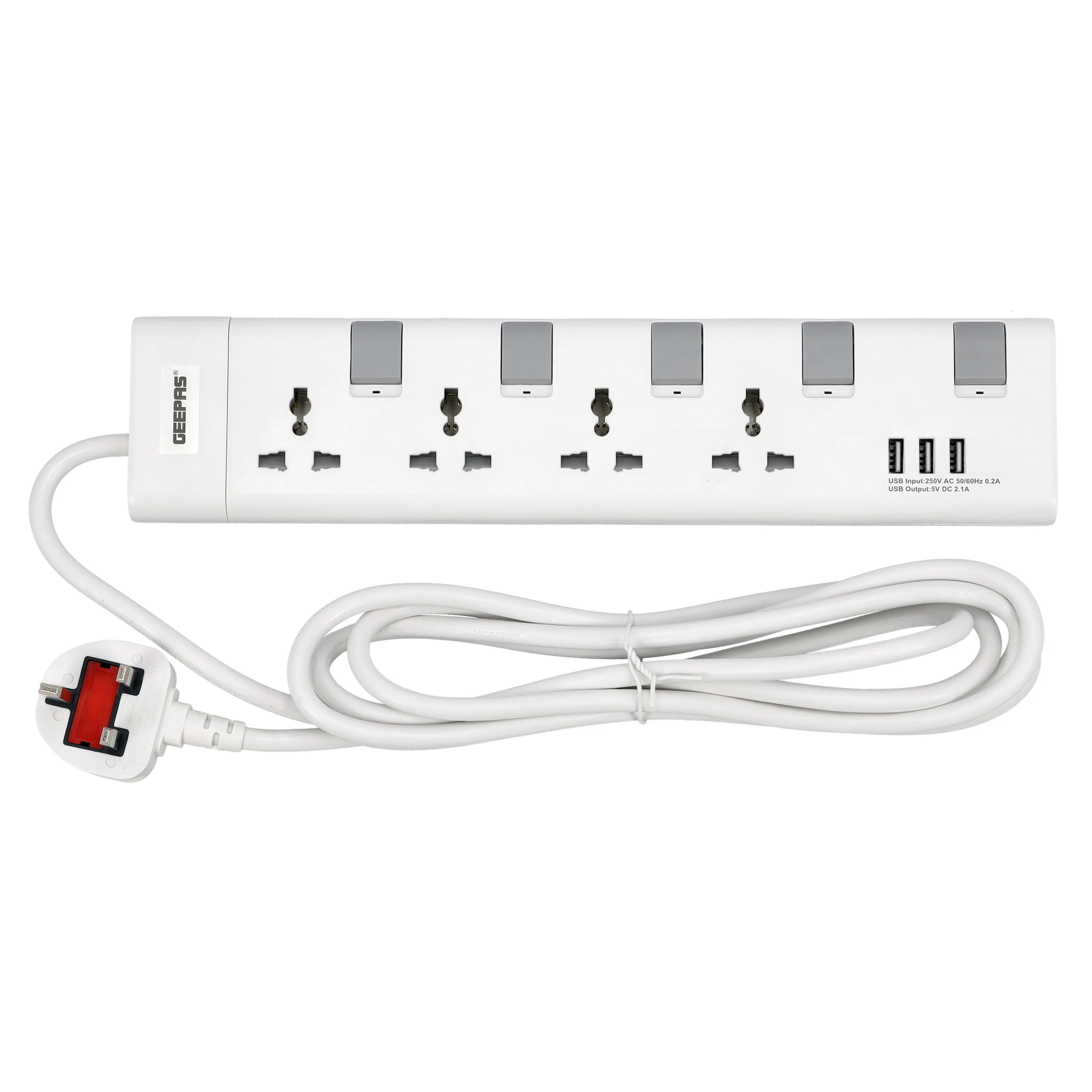 Geepas GES4095 4-Way Extension Socket| featuring 3 USB ports, individual switches, 3m cable & 3250W capacity| Fire-Resistant Construction & High-Power Capacity|