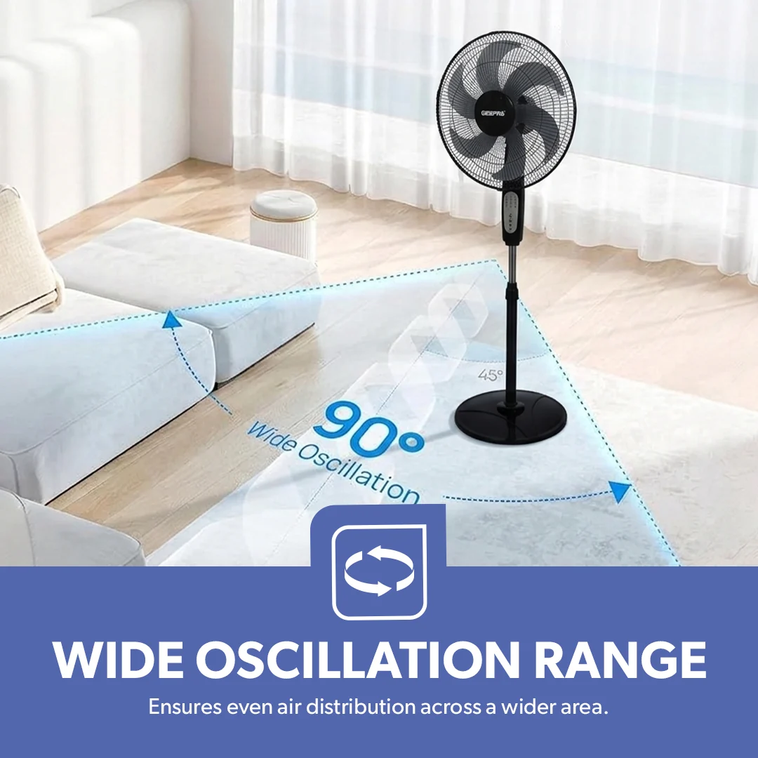 Geepas GF21112 16 Inch Stand Fan| Remote Control with 60W Power & 3 Speed Settings| Durable, 5 Durable AS Blades, 7.5 Hour Timer and Wide Oscillation Function| - Image 6