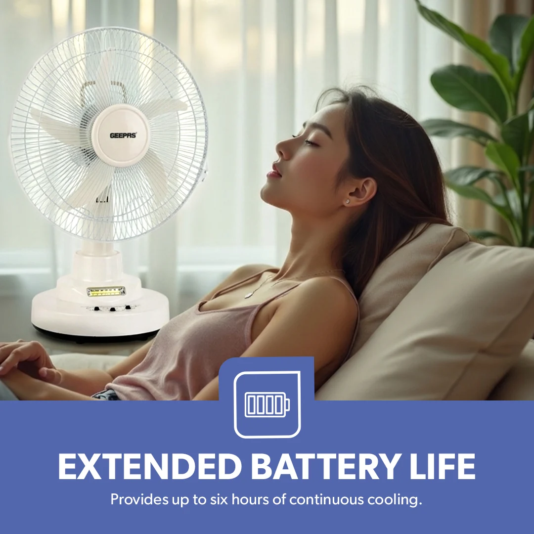 Geepas GF21118 Rechargeable 12-Inch Oscillating Fan| 3-Speed Control, LED Light & Long Battery Backup| Durable Build, Portable Design for Home and Outdoor Use | - Image 6