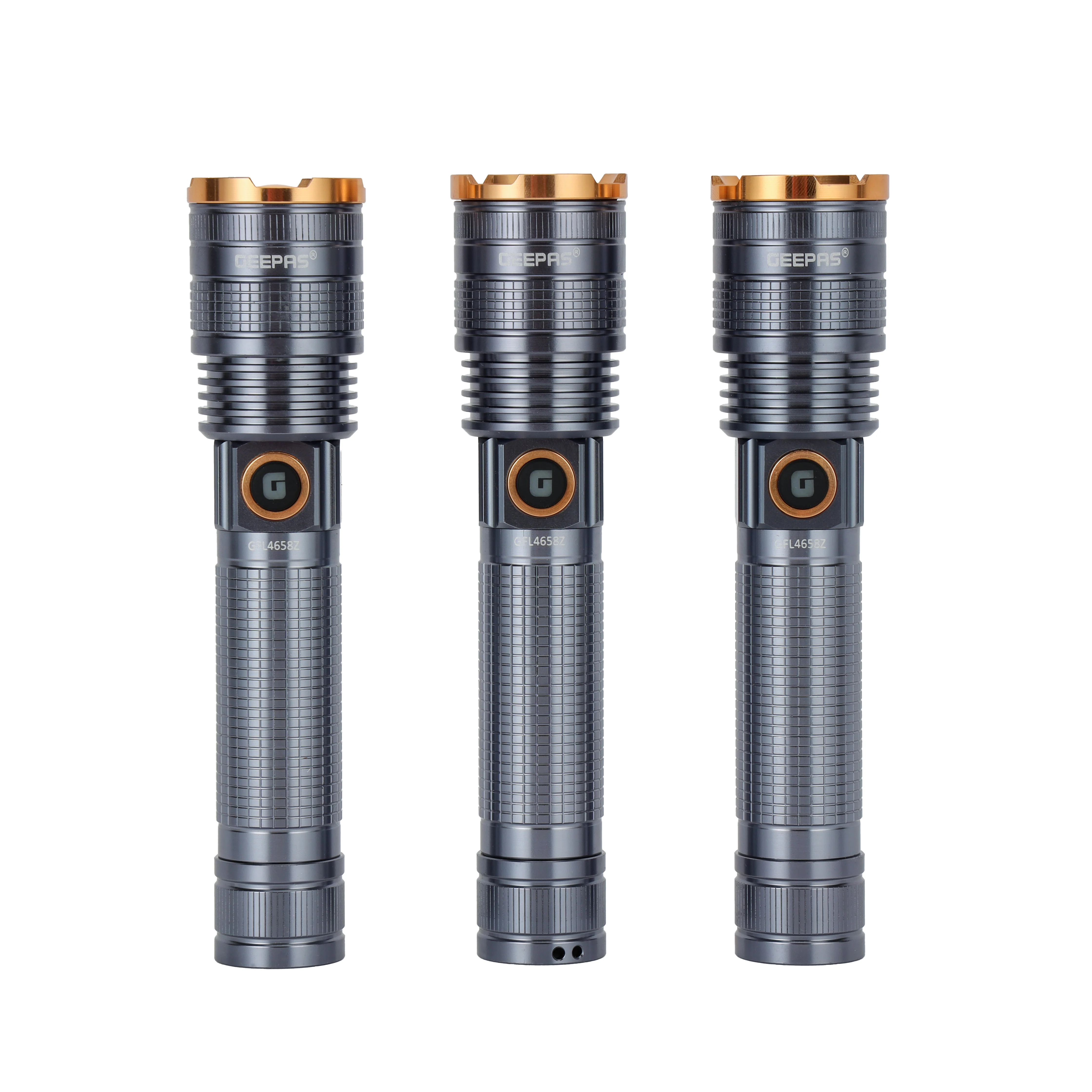 Geepas GFL4658 Zoomable LED Flashlight | 15W Laser LED with 1500 Lumens & 4000mAh Rechargeable Battery| Durable, Type-C Charging, 2000m Beam Distance & 5 Modes|