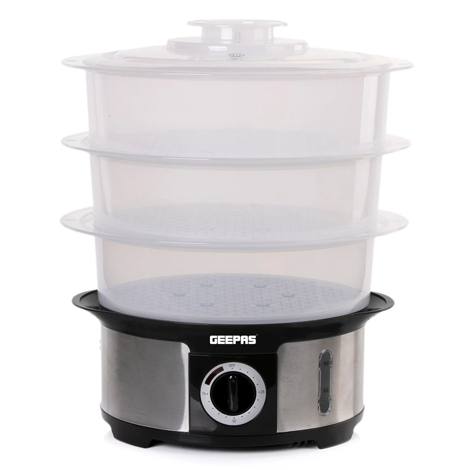 Geepas GFS63025UK Food Steamer | features 12L capacity, 1000W power & 3-tier PC bowls| Durable, 75-minute timer, auto shut-off and refillable water tank system|