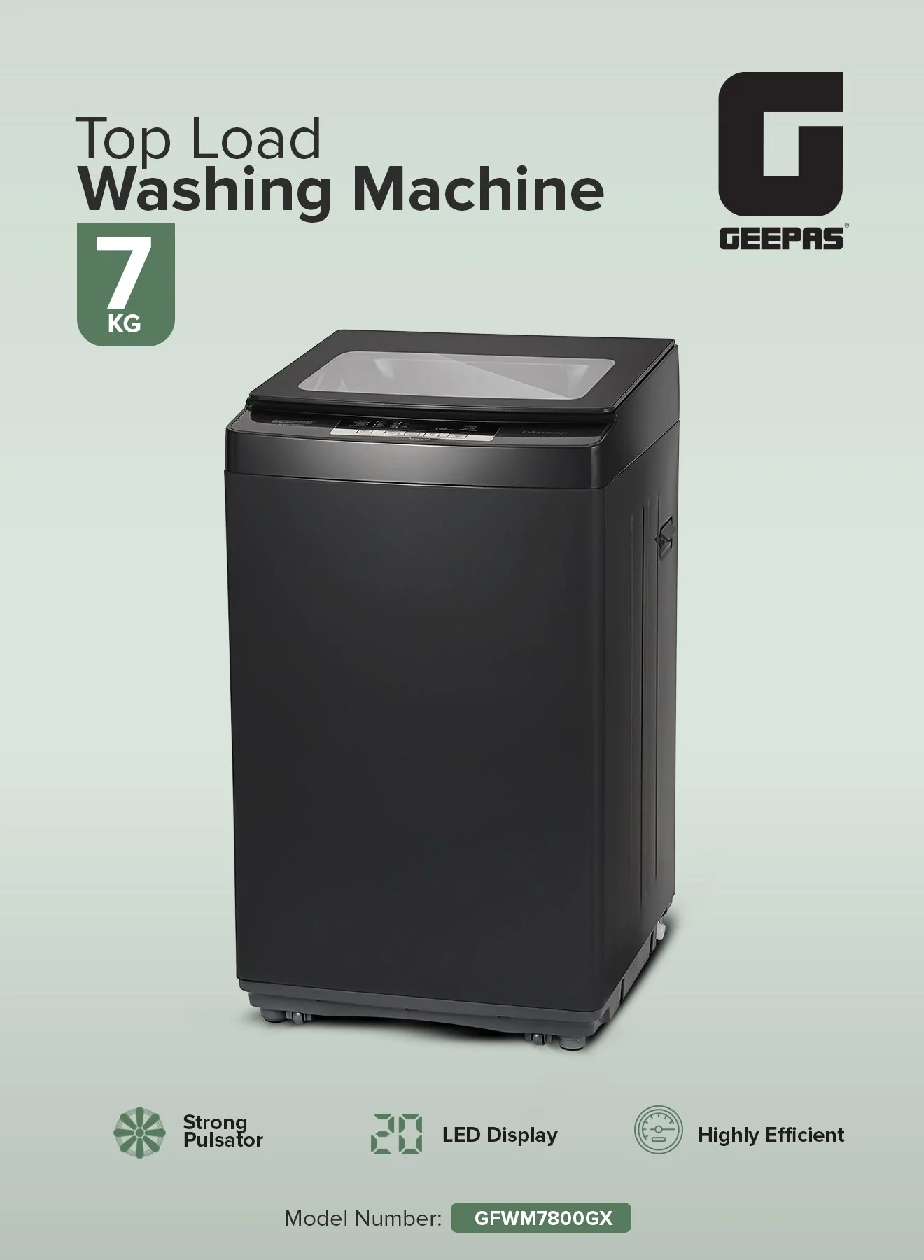 Geepas GFWM7800LCQ Fully Automatic Top Load Washing Machine| 7kg Capacity, 420W Wash Motor & LED Display| Durable Design, Diamond Drum & Premium Metallic Grey| - Image 3