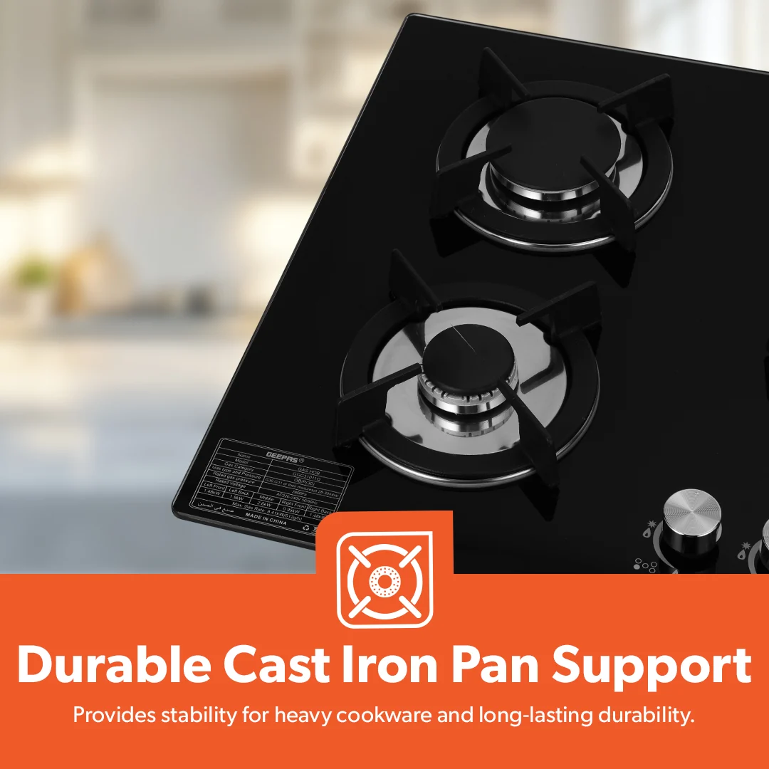 Geepas GGC31011 Glass Gas Hob| 5 Burner Gas Stove with Auto Ignition & Toughened Glass Surface| Durable, Cast-Iron Pan Support & Powerful Triple Ring Wok Burner| - Image 3