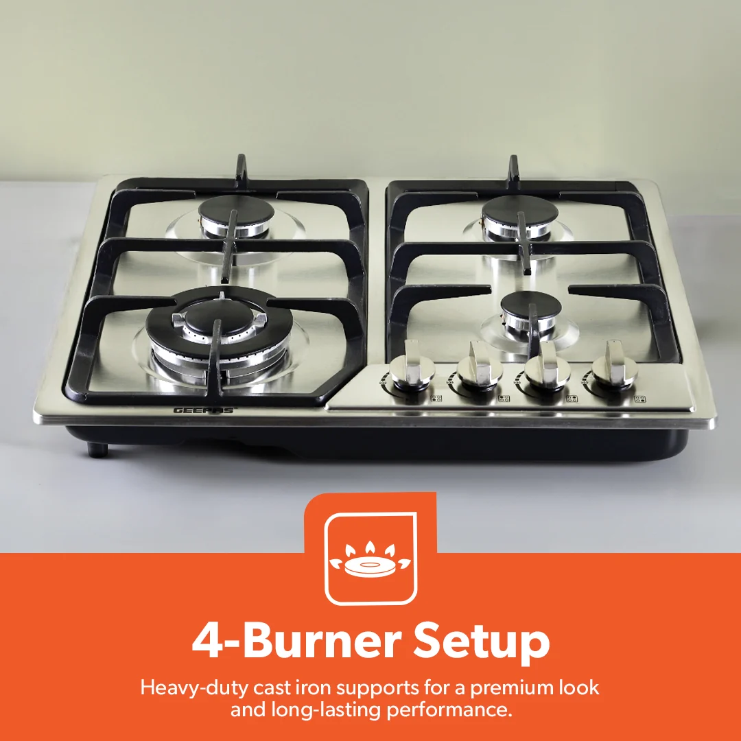 Geepas GGC31051FFD Built-in Stainless Steel Gas Hob | 4 High-Performance Burners | Auto Ignition System | Flame Failure Safety | Durable Design | 2 Years Warranty - Image 2