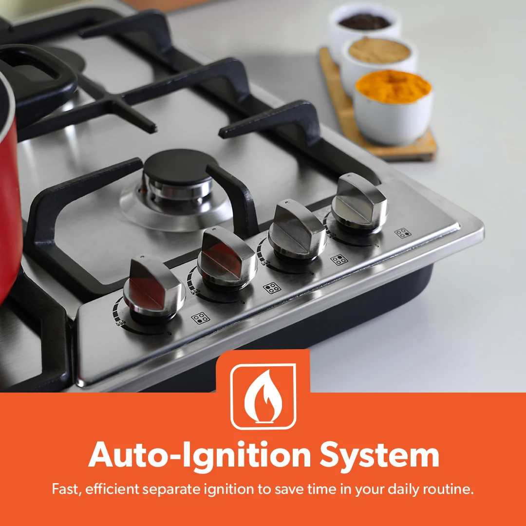Geepas GGC31051FFD Built-in Stainless Steel Gas Hob | 4 High-Performance Burners | Auto Ignition System | Flame Failure Safety | Durable Design | 2 Years Warranty - Image 4