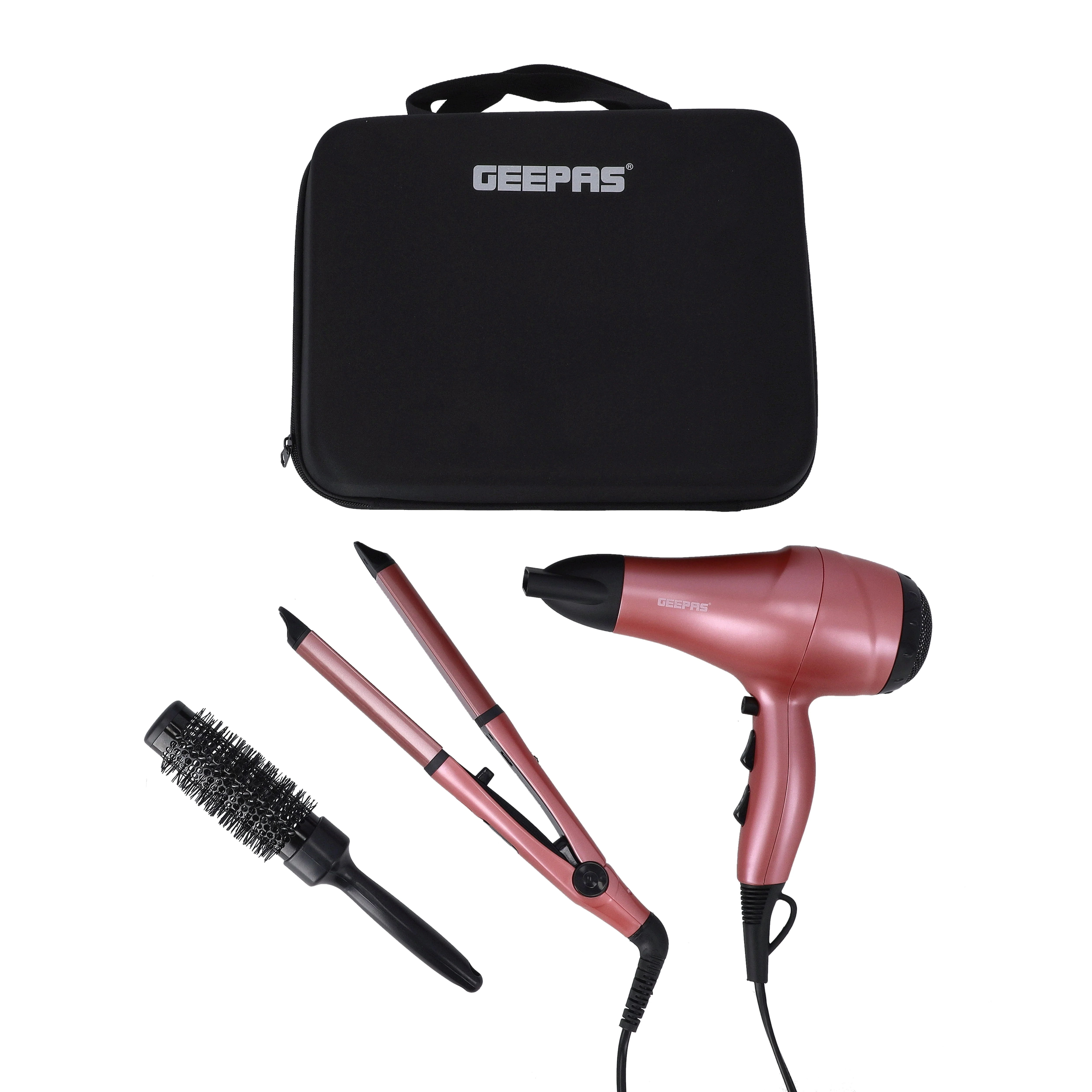 Geepas GHF86054 4-in-1 Hair Dryer, 2-in-1 Hair Straightener & Curler| Round Brush, EVA Carry Bag & 2000W| Ceramic Coating Plates, PTC Heater & 360° Swivel Cord|
