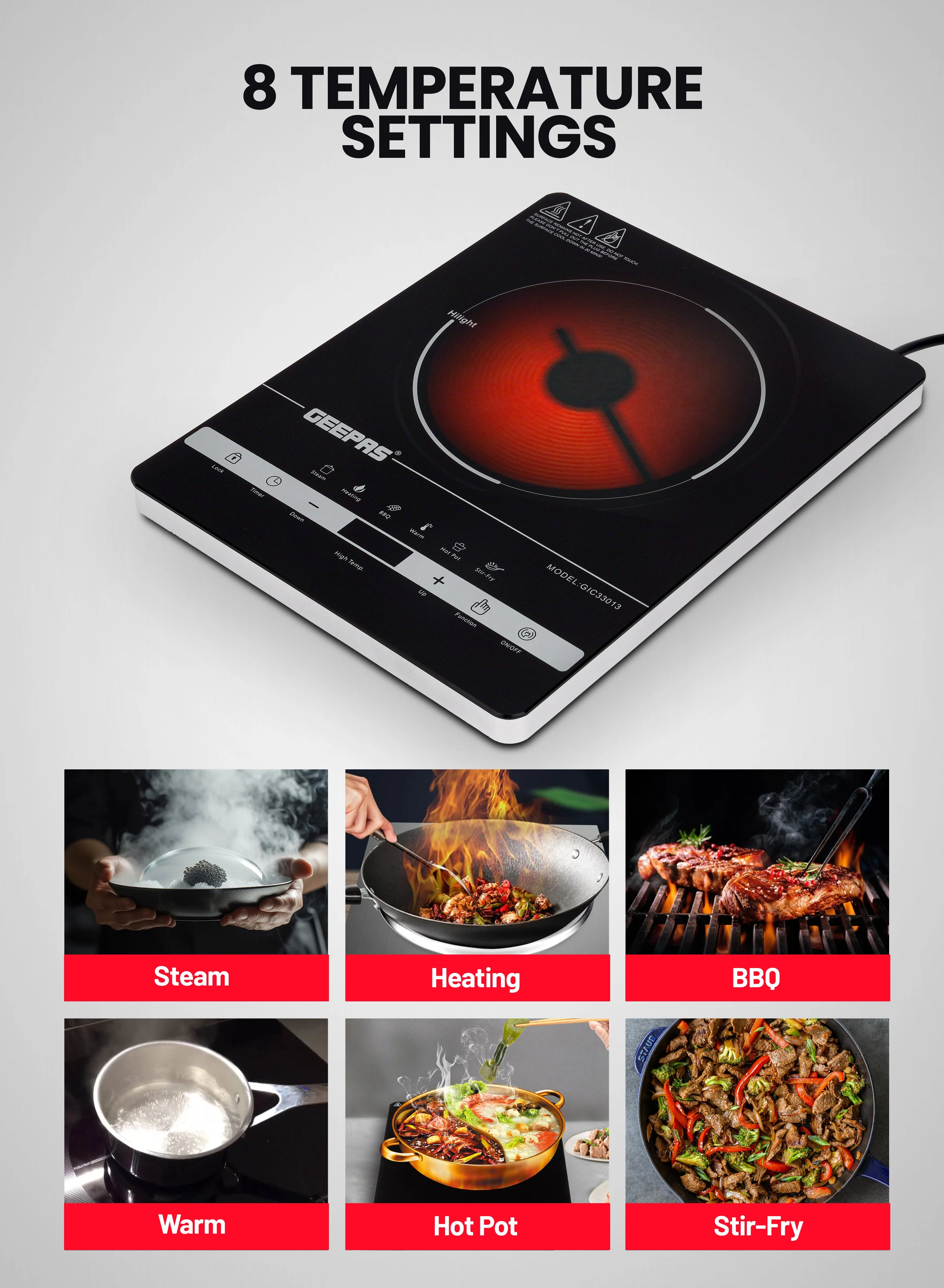 Geepas GIC33013 Digital Infrared Cooker |2000W Ceramic Heating Element, Touch Control and LED Display| 10 Adjustable Power Levels, Timer and Safety Protection| - Image 7