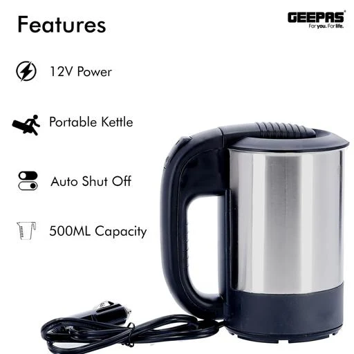 Geepas GK38041 Stainless Steel Car Kettle | 0.5L Travel Electric Kettle, 12V Car Adapter & Fast Boiling| Durable Build, Stainless-Steel Body & Safety Features| - Image 4